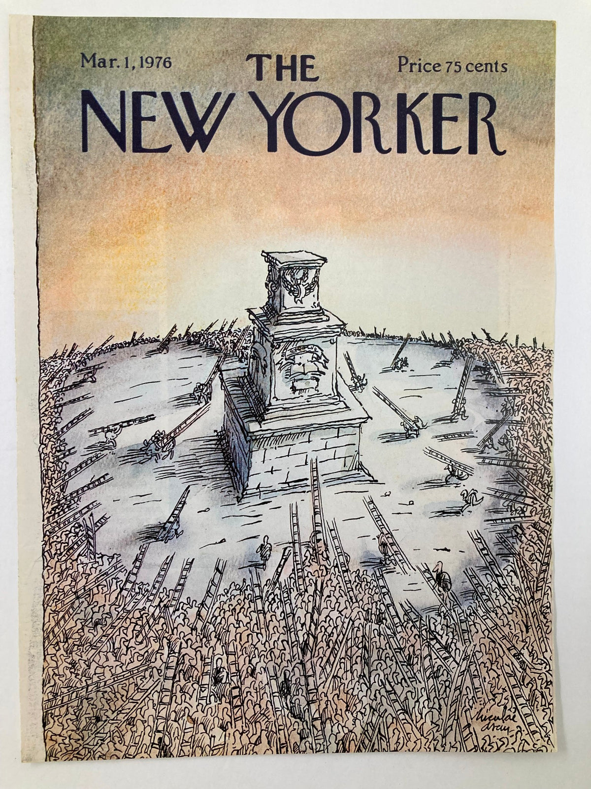 Cover of The New Yorker dated March 1, 1976, featuring artwork titled 'Attack!' by Nicolai Asciu, depicting a crowd with ladders surrounding a monument. A unique collectible piece perfect for display.
