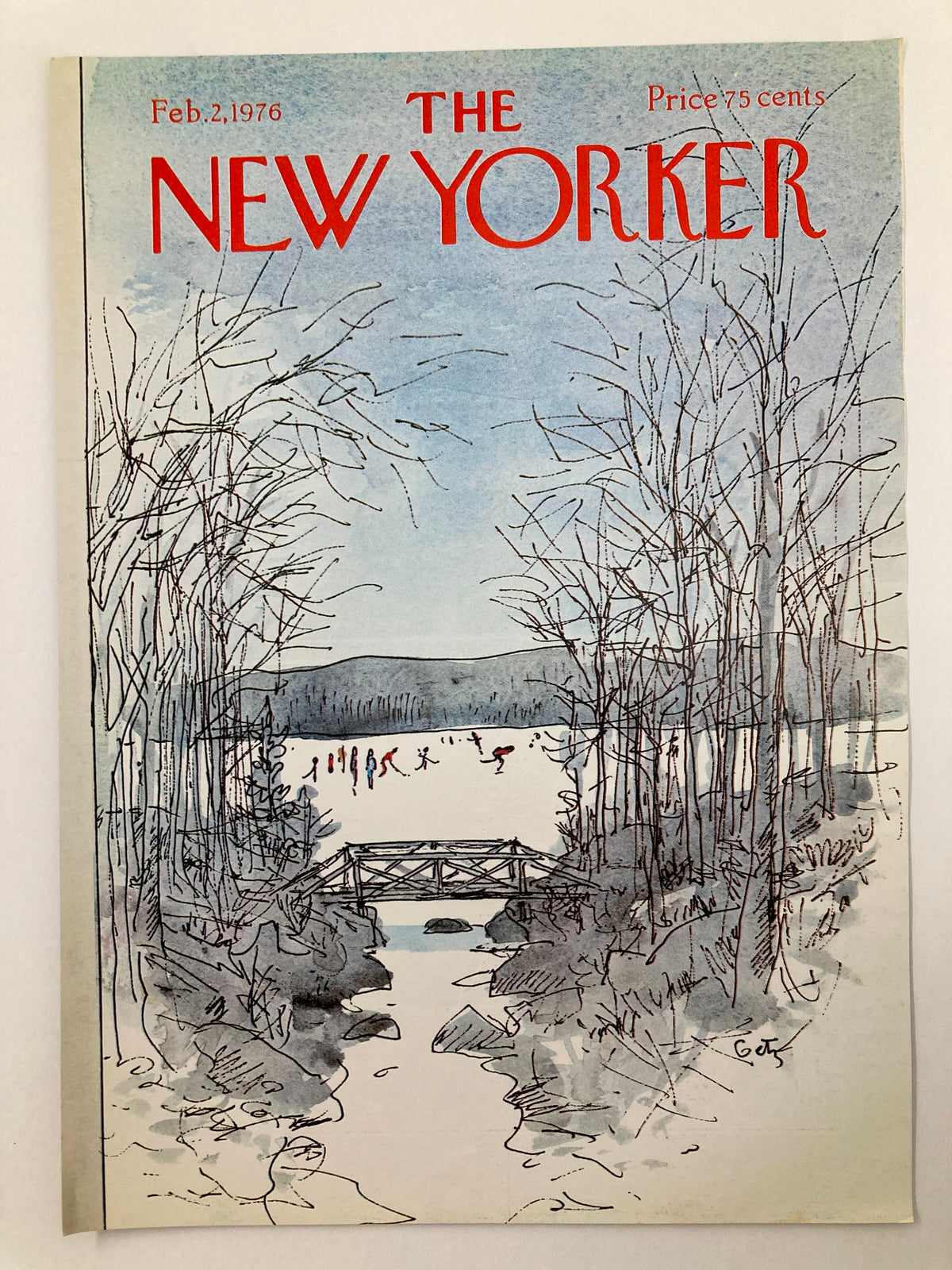 Cover of The New Yorker for February 2, 1976, showcasing a captivating illustration by Arthur Getz, illustrating people ice skating in a serene winter landscape framed by trees.