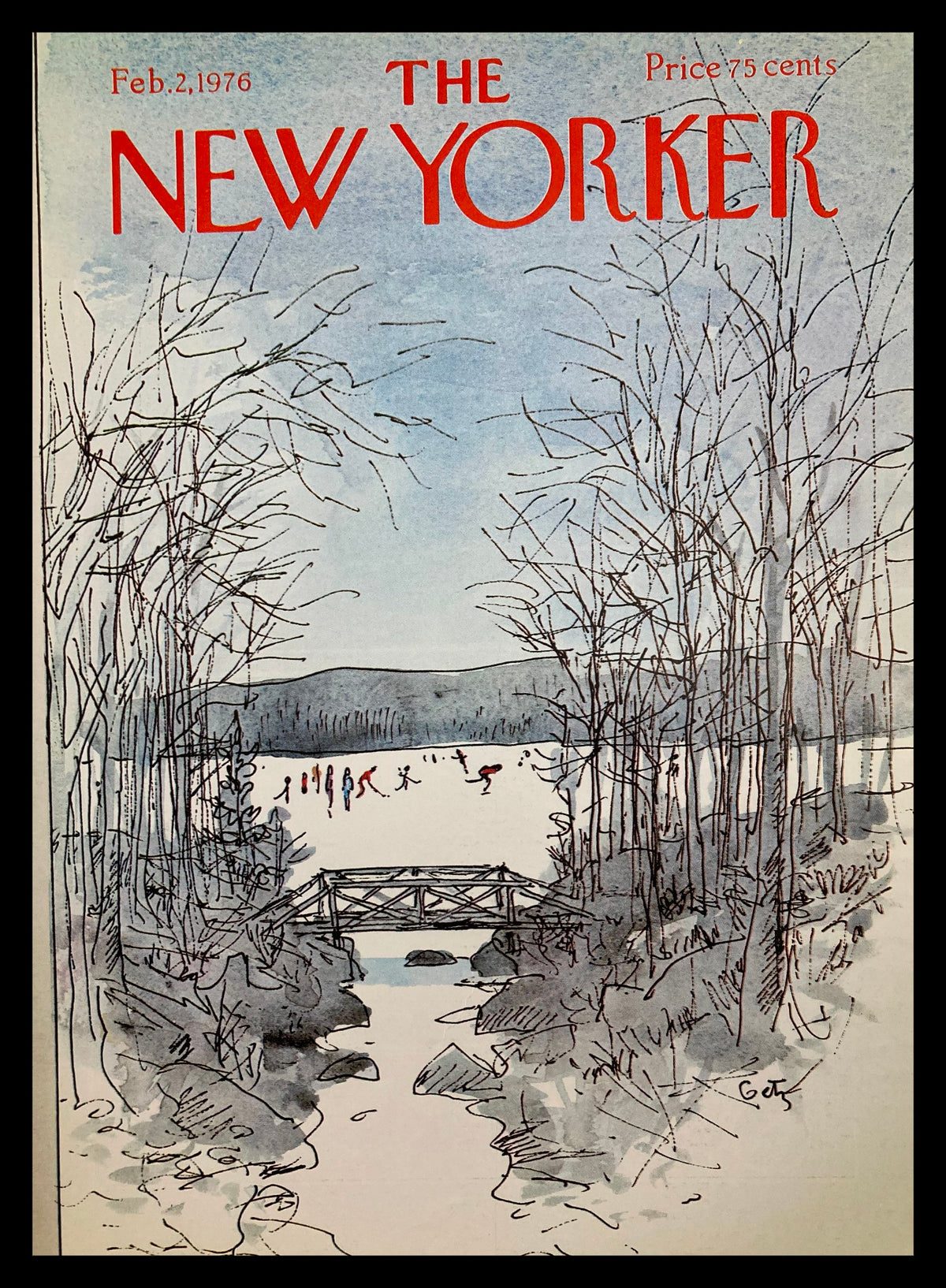 Cover of The New Yorker dated February 2, 1976, featuring an illustration by Arthur Getz. The artwork depicts a winter scene with an ice skating pond, surrounded by bare trees and a wooden bridge.