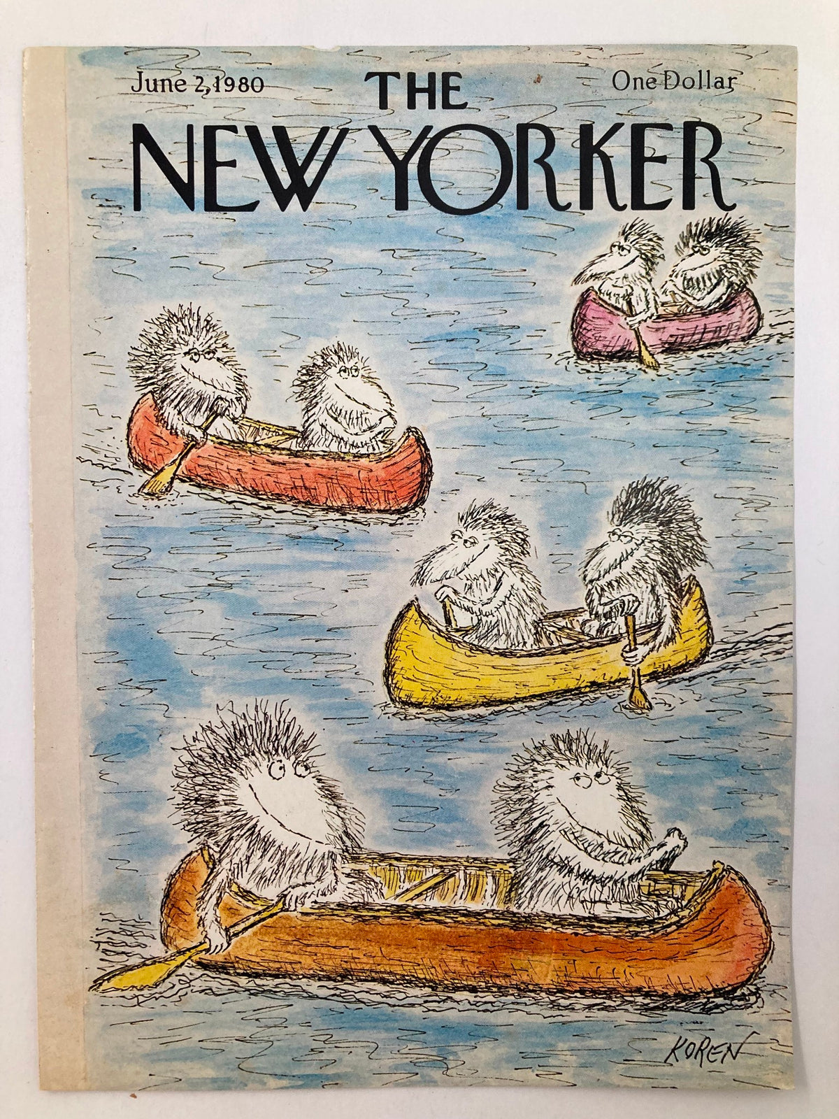 COVER ONLY The New Yorker June 2 1980 Boat Contest by Edward Koren showcasing playful characters enjoying a boat contest on a vibrant blue background.