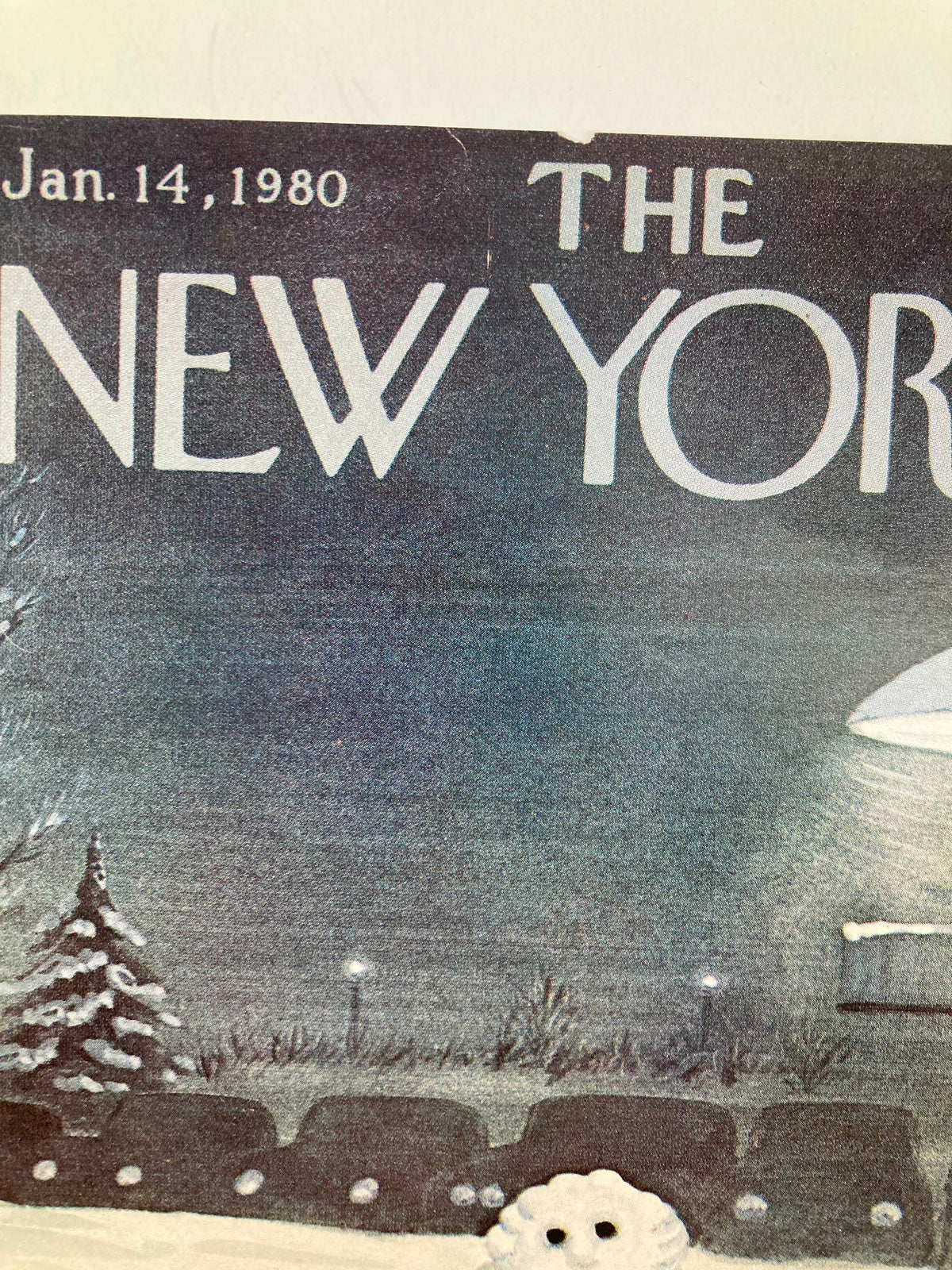 Close-up of The New Yorker cover dated January 14, 1980 featuring the 'Snow Family' illustration by Chas Addams, highlighting the title and snowy scene details.