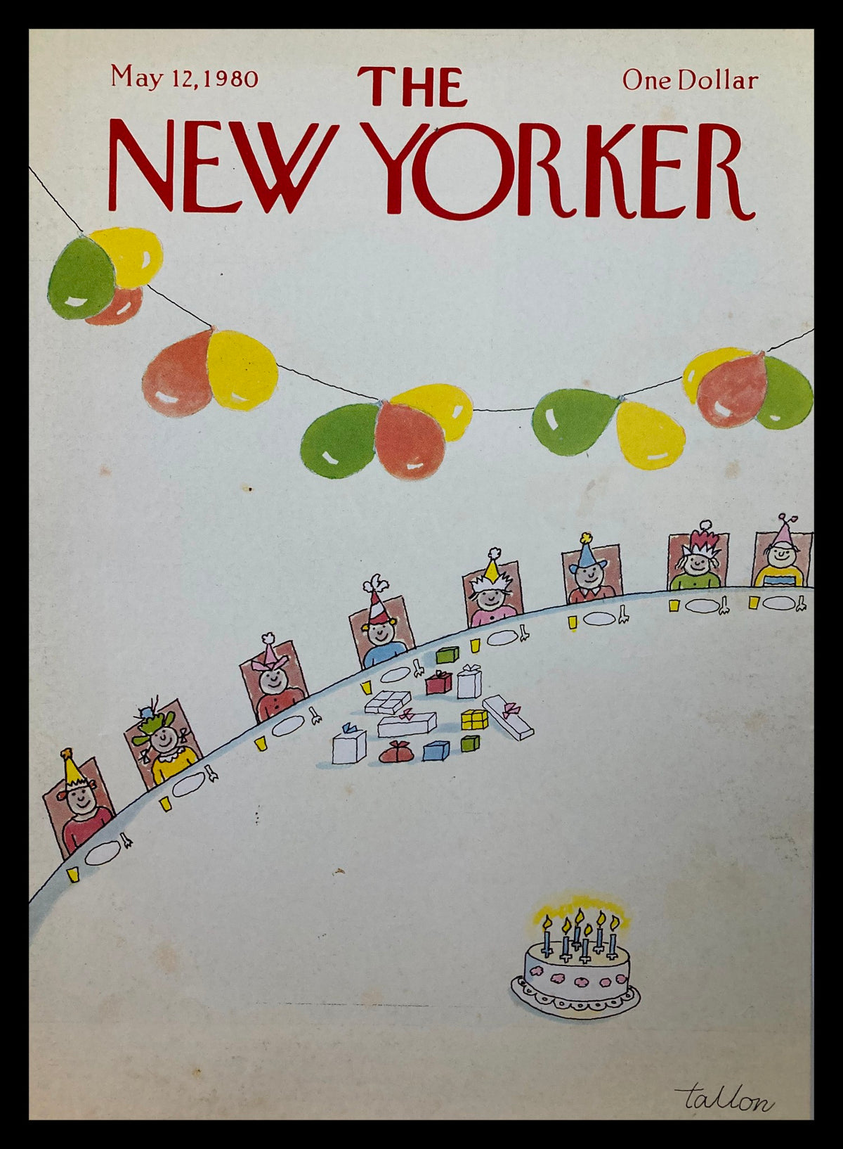 Cover of The New Yorker, May 12, 1980 featuring whimsical Children's Party theme artwork by Robert Tallon, depicting children at a festive gathering with balloons and a cake.