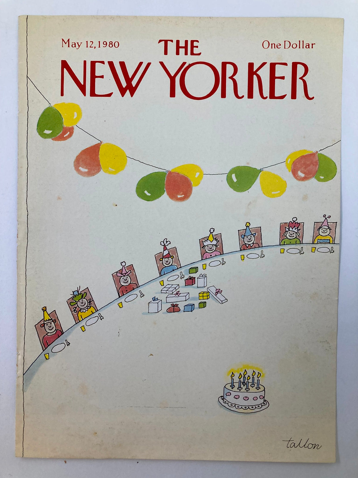 Cover of The New Yorker, May 12, 1980 showcasing the Children's Party illustration by Robert Tallon, displaying a colorful celebration scene with children, gifts, and birthday cake.