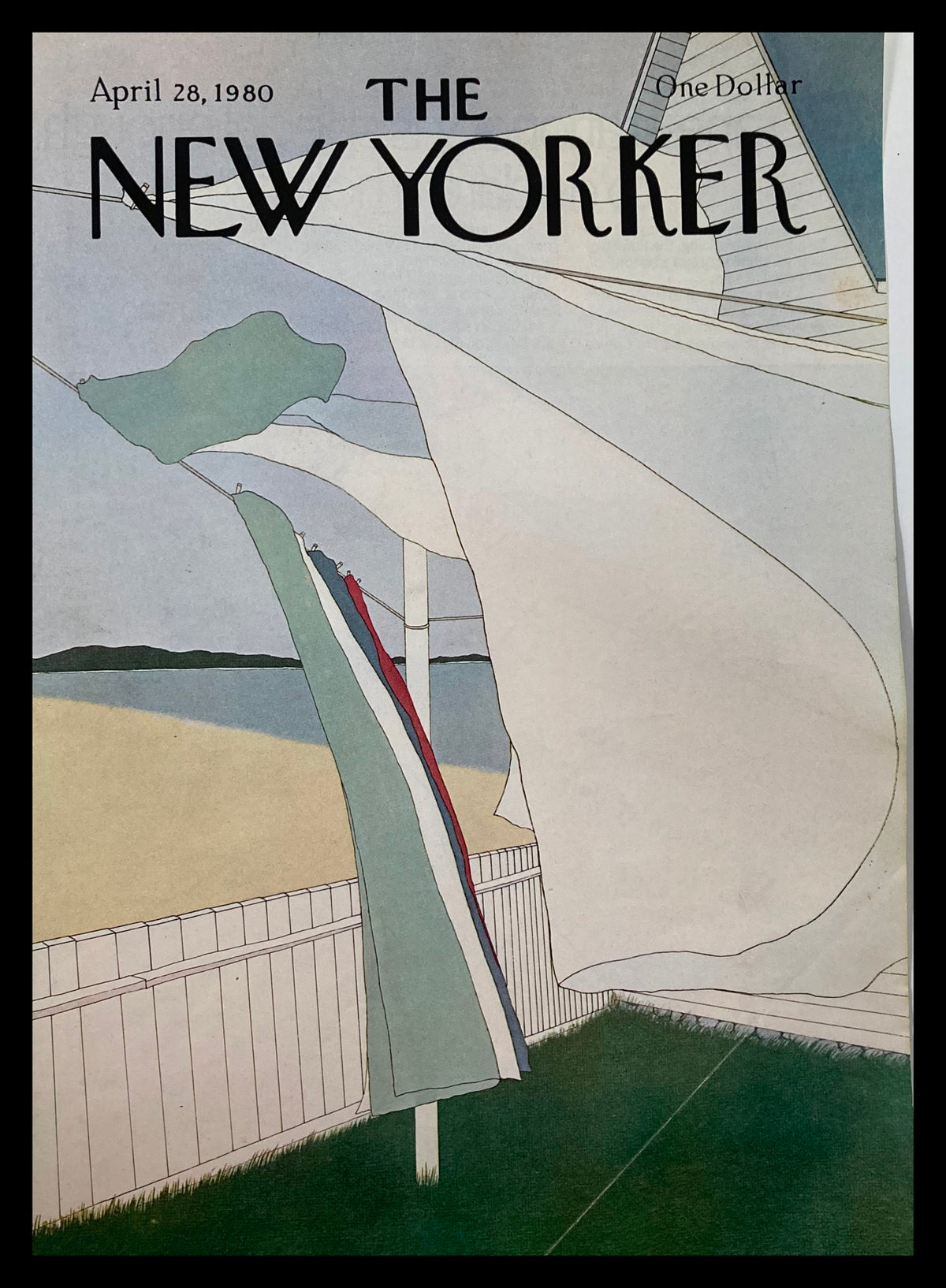 The New Yorker cover dated April 28, 1980, featuring the illustration 'Windy Day' by Gretchen Simpson, depicting billowing sails and a serene coastal landscape.