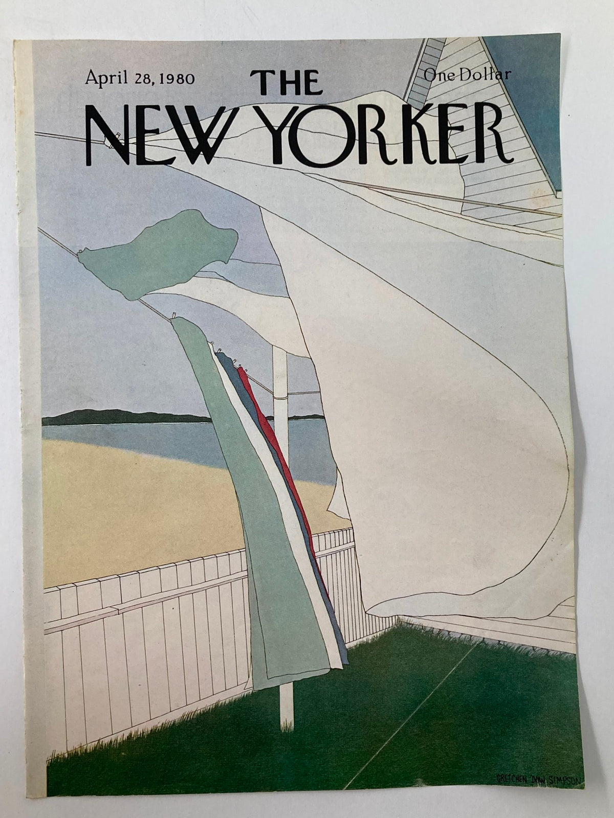 The New Yorker cover dated April 28, 1980, showing the artwork 'Windy Day' by Gretchen Simpson, showcasing vibrant fabrics fluttering in the wind against a backdrop of a beach.