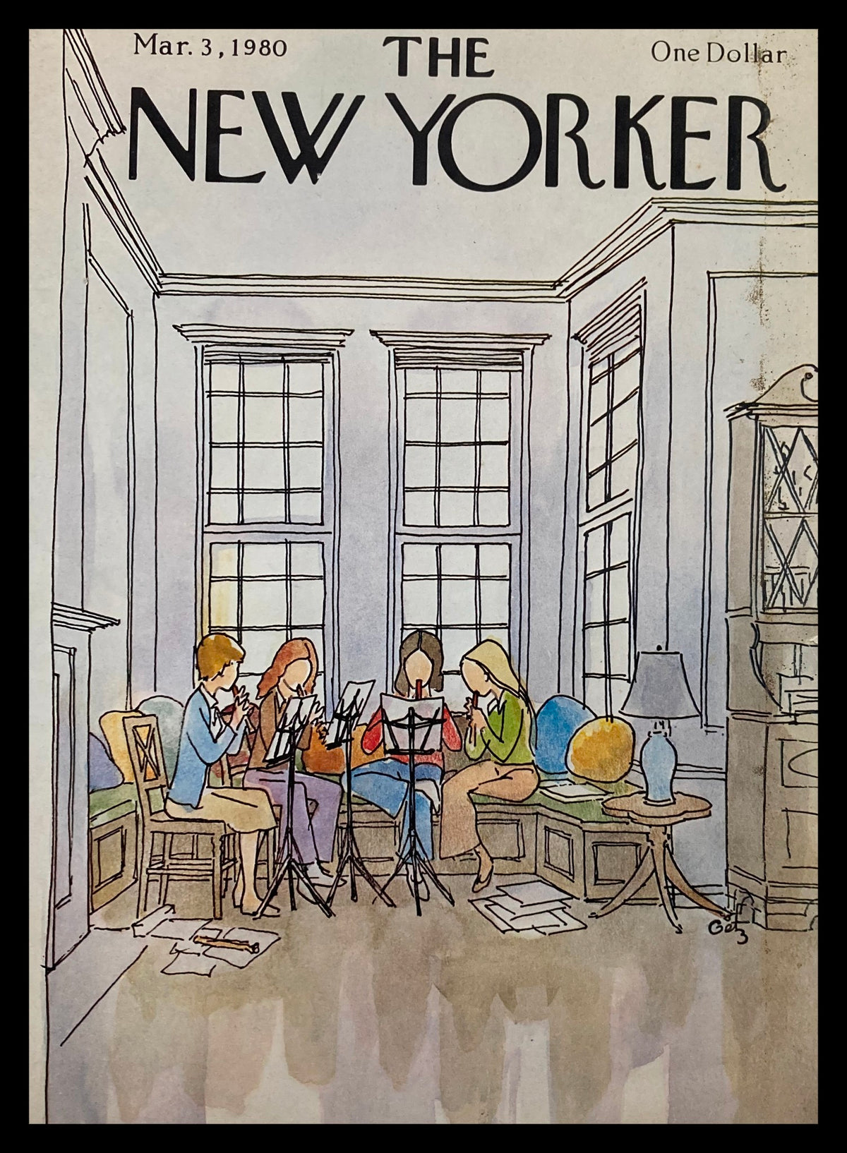 Cover of The New Yorker March 3 1980 titled 'Musical Meeting' by Arthur Getz, featuring a group of musicians engaged in a practice session in a bright room with large windows and artistic decor.
