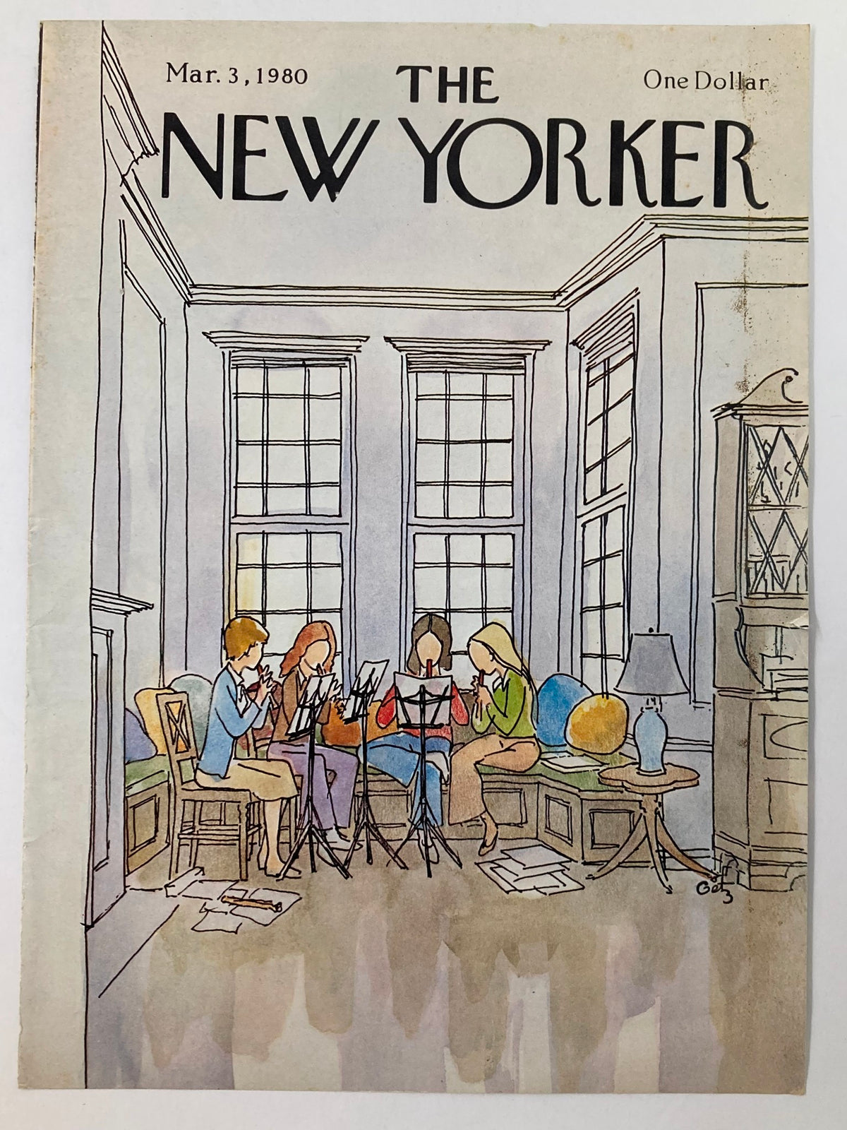 The New Yorker March 3 1980 cover, 'Musical Meeting' by Arthur Getz, depicting a scene of musicians in a cozy setting with instruments and music sheets, showcasing a vintage artistic style.