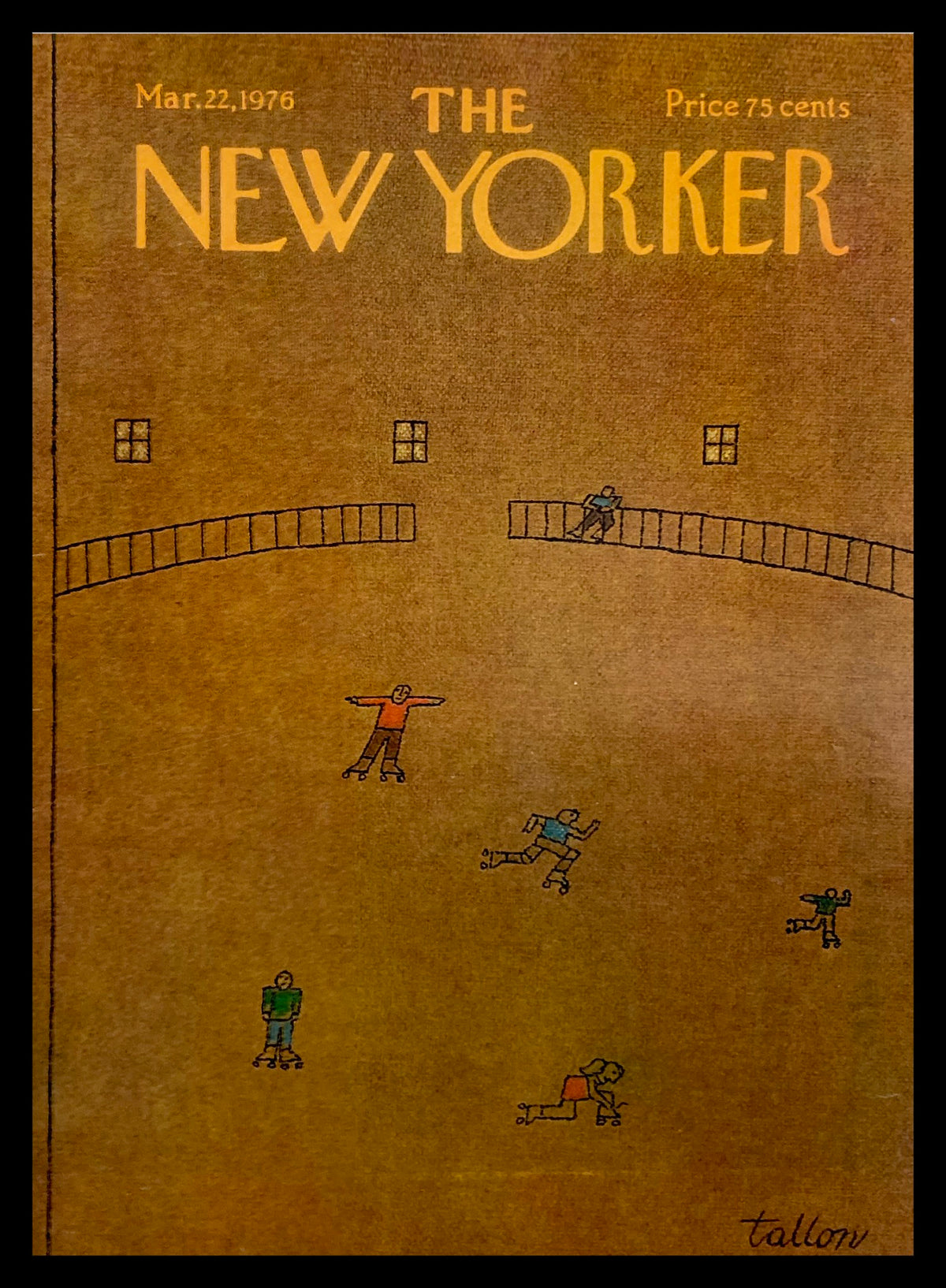 Cover of The New Yorker March 22 1976 featuring Skate Park artwork by Robert Tallon, depicting skaters on a brown background.