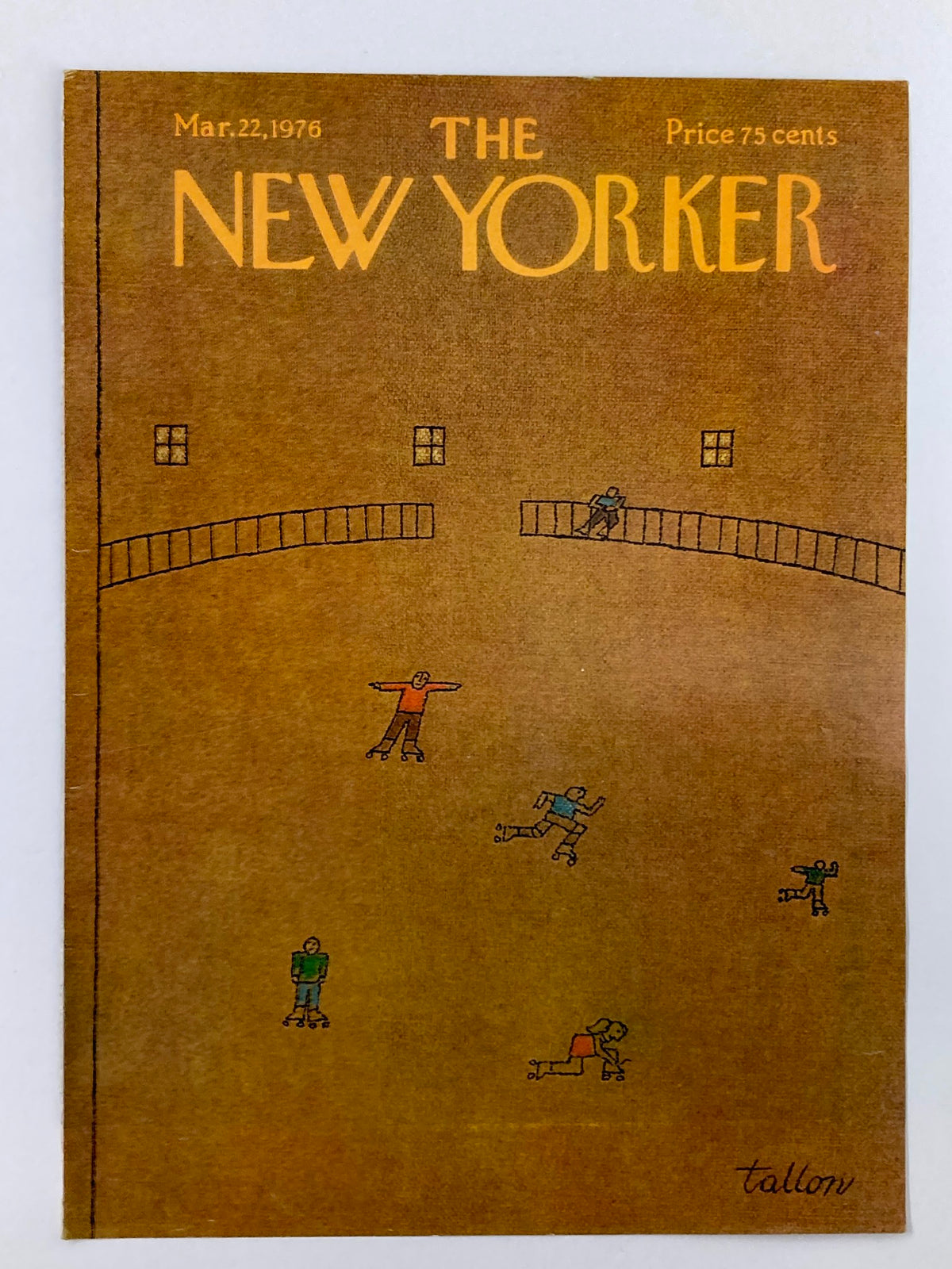 The New Yorker March 22 1976 cover showcasing Skate Park illustration by Robert Tallon, highlighting roller skaters in action.