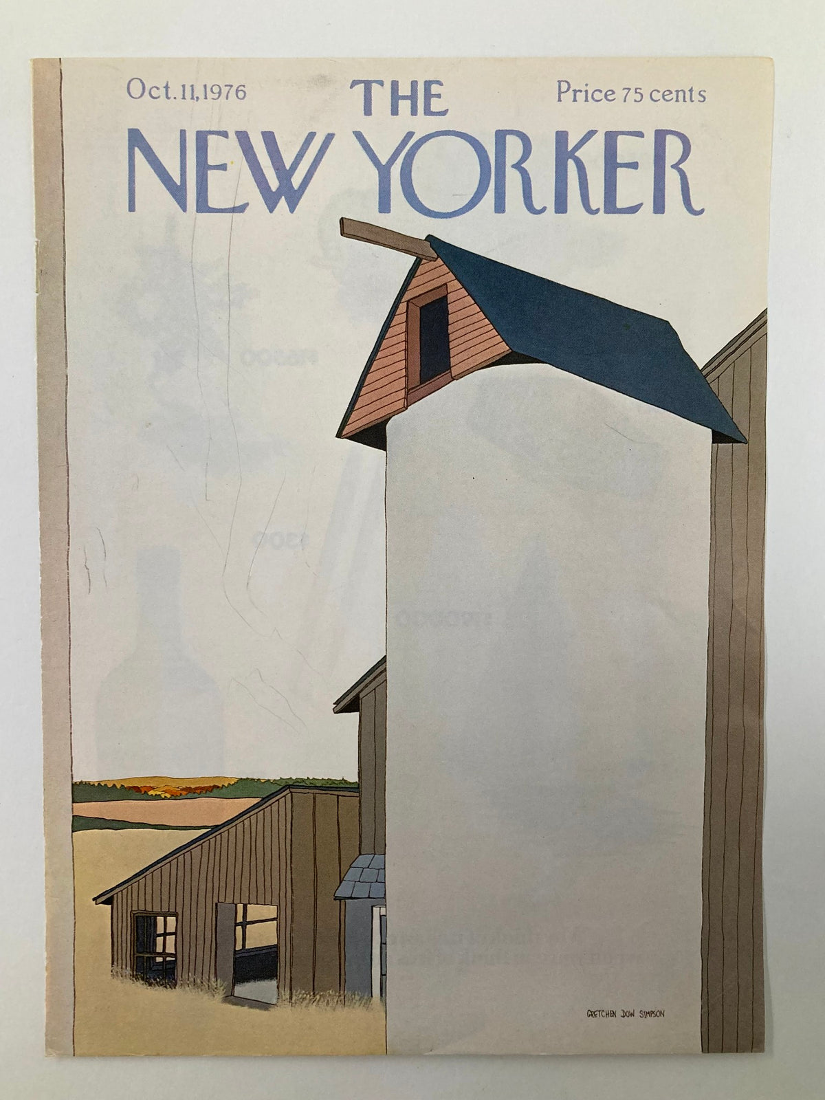 Cover only of The New Yorker, October 11, 1976, showcasing the artwork titled "Farm" by Gretchen Dow Simpson, characterized by a minimalist rural scene and vibrant autumn colors.