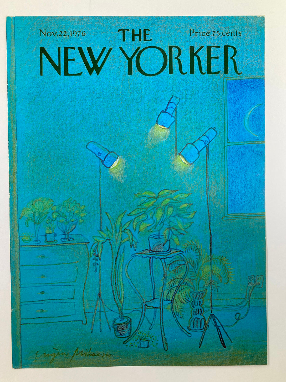 Cover of The New Yorker from November 22, 1976, showcasing 'Spot Light' by E. Mihaesco. The colorful illustration includes a stylish arrangement of plants and unique lighting, encapsulating the artistic essence of the magazine.