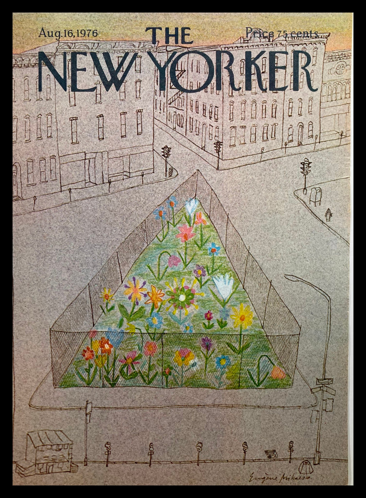 The New Yorker August 16 1976 cover featuring a colorful street painting by E. Mihaesco, depicting a flower garden surrounded by urban architecture, showcasing vintage magazine art.
