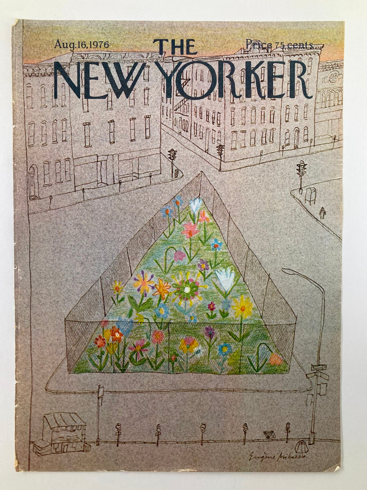The New Yorker August 16 1976 cover featuring E. Mihaesco's vibrant street painting of a flower-filled garden in an urban setting, capturing the essence of vintage publication art.