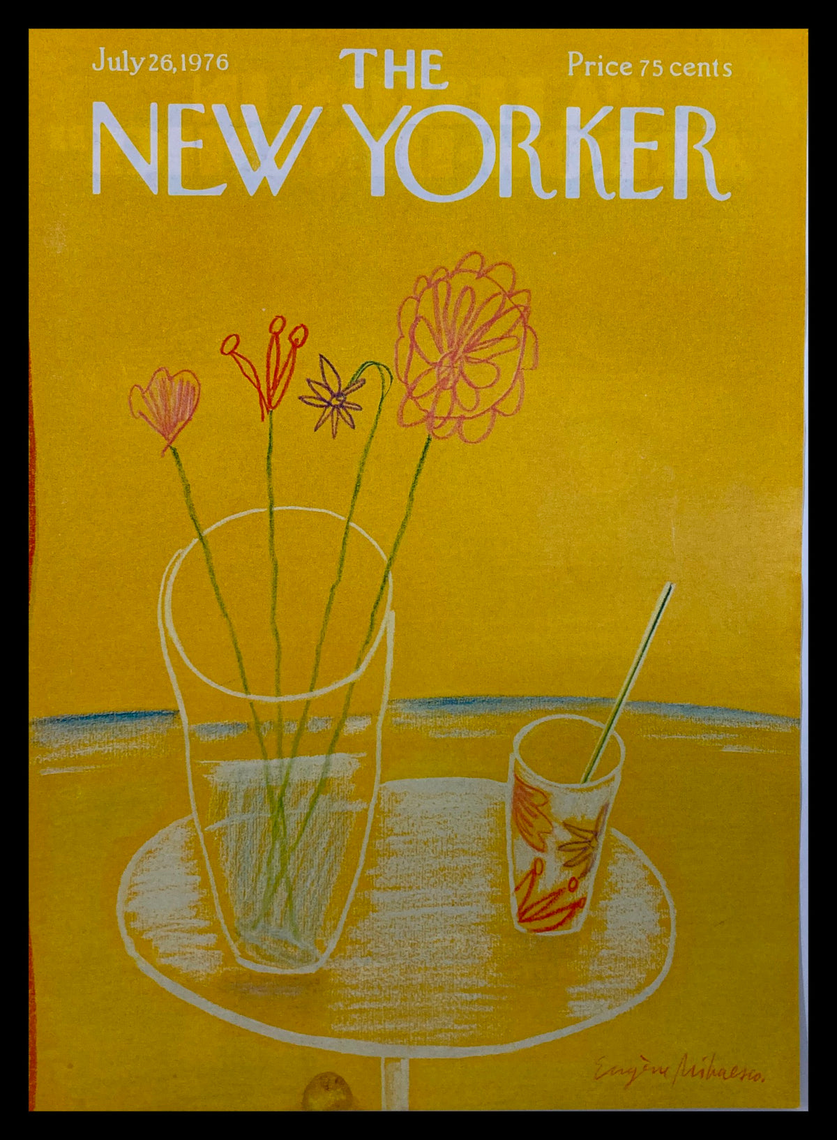 Cover of The New Yorker July 26, 1976 featuring artistic illustration titled 'Flower Juice' by Eugene Mihaesco, showcasing colorful flowers in a vase against a vibrant yellow background.