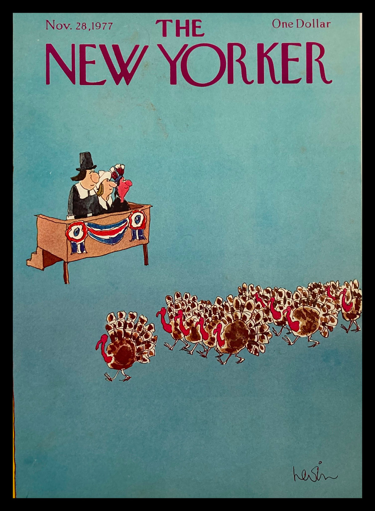 Cover only of The New Yorker November 28 1977 featuring an illustration of a Turkey Parade with turkeys marching and a man in a hat and a woman at a podium.