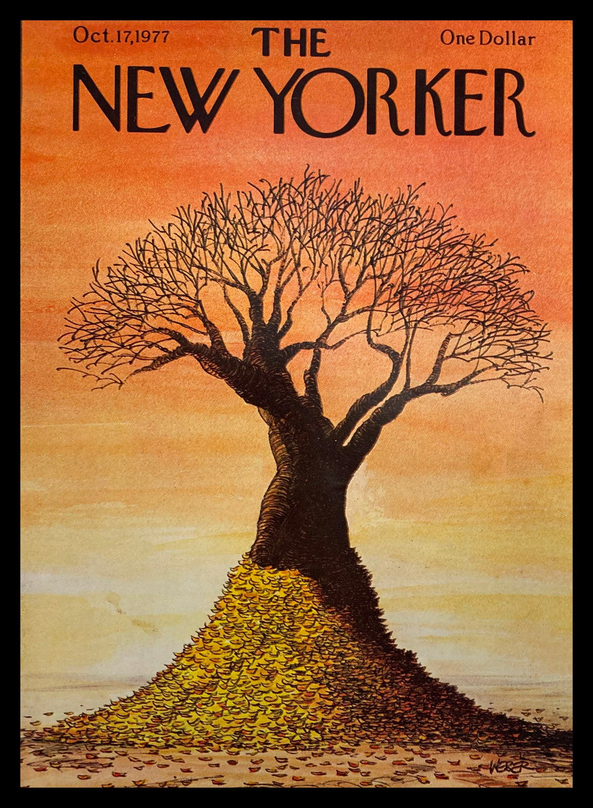 The New Yorker October 17, 1977 magazine cover by Robert Weber, featuring a solitary tree surrounded by autumn leaves against a vibrant sunset backdrop.
