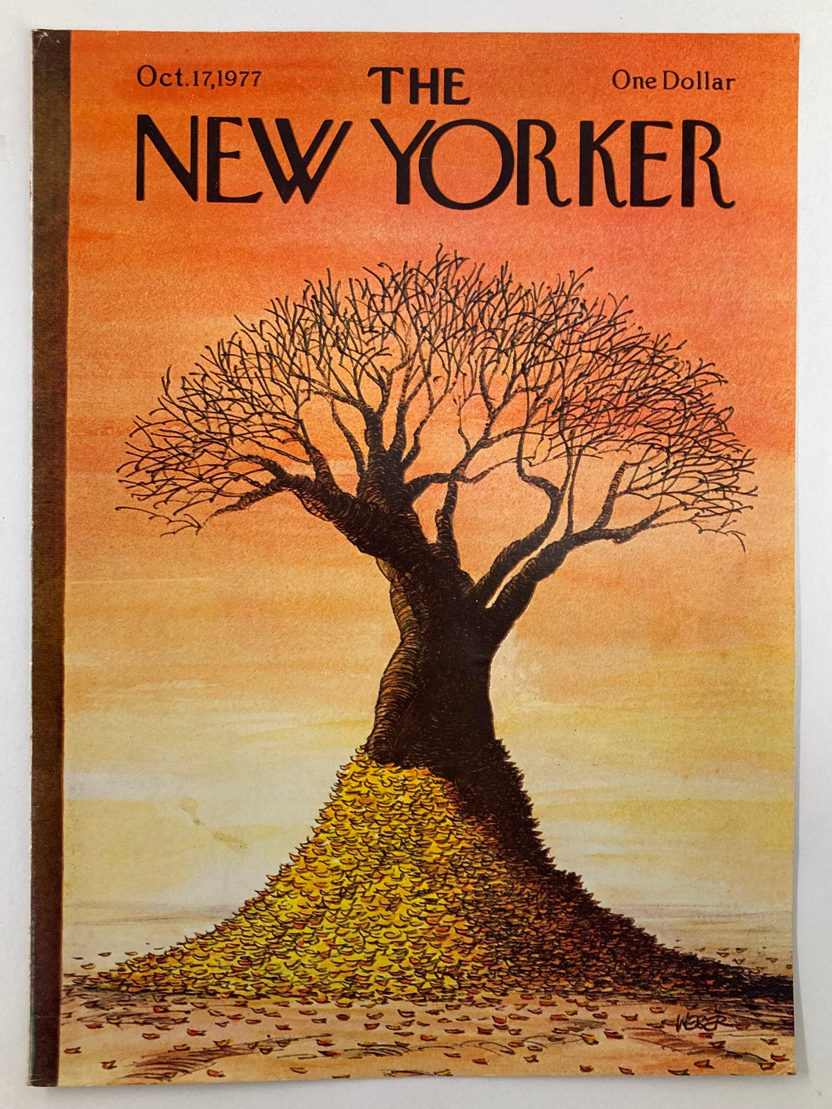 The New Yorker October 17, 1977 magazine cover with a tree and autumn leaves illustration by Robert Weber, showcasing the warm colors of fall.
