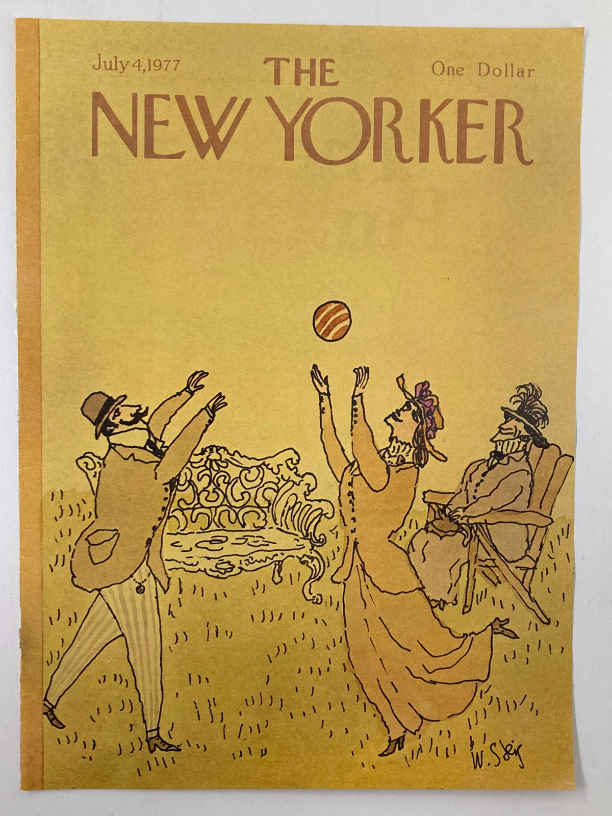 Cover of The New Yorker dated July 4 1977, depicting the playful illustration 'Play Ball' by William Steig, showcasing three figures engaged in a game, with a vintage aesthetic.