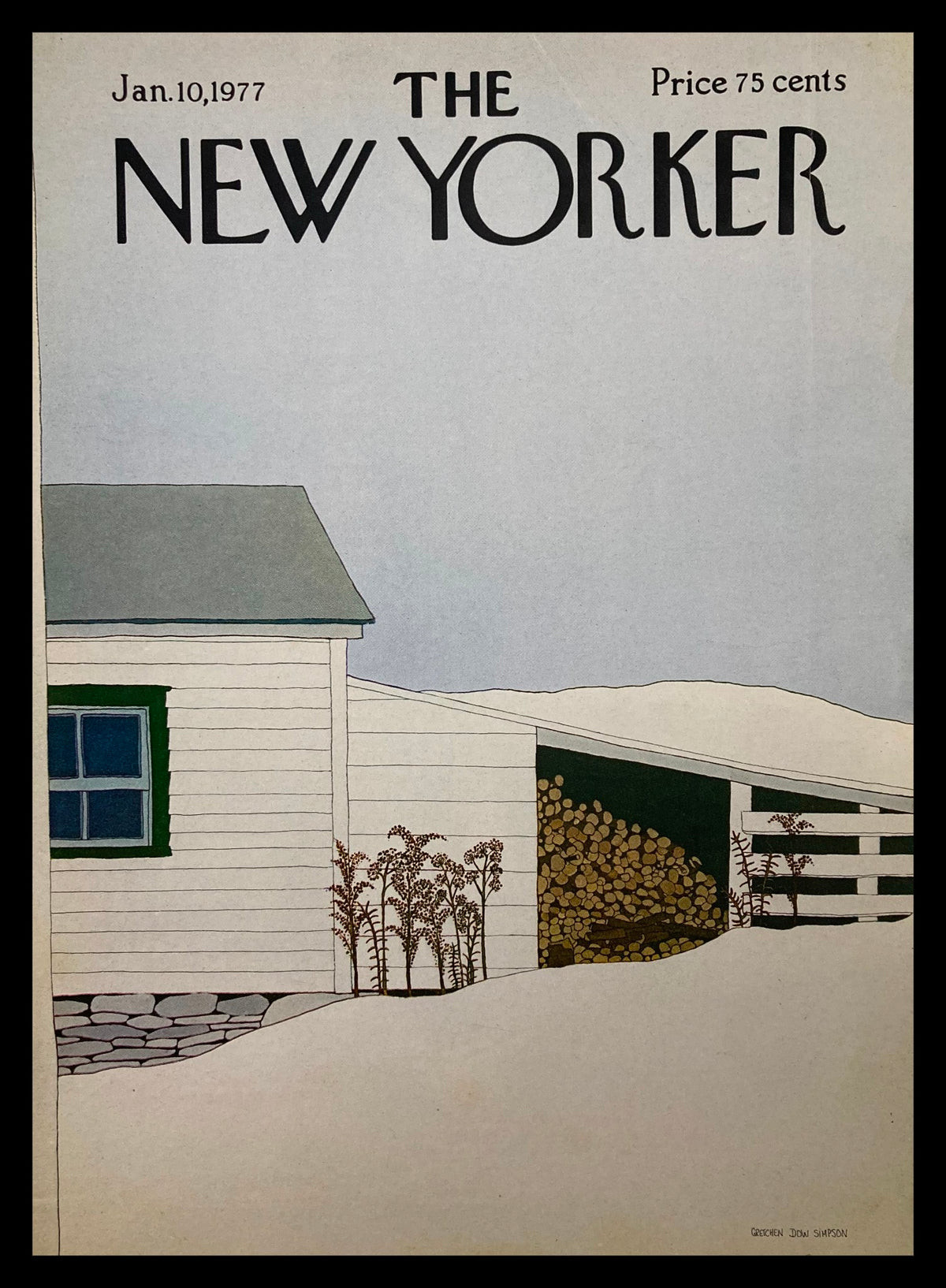 The New Yorker January 10 1977 Woodstock cover art by Gretchen Simpson, featuring a minimalist illustration of a house and snow-covered landscape in pastel colors.