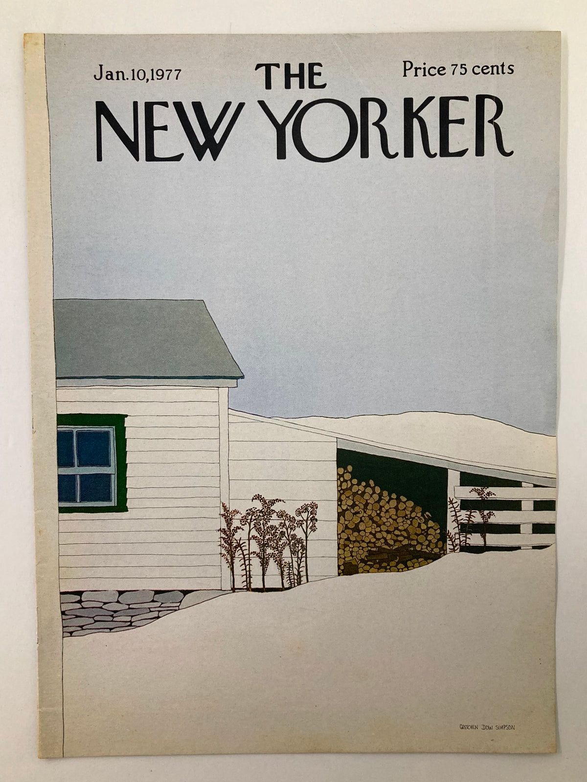 The New Yorker January 10 1977 Woodstock cover art by Gretchen Simpson, showcasing a stylized depiction of a rural house with a snow-covered foreground and woodpile.