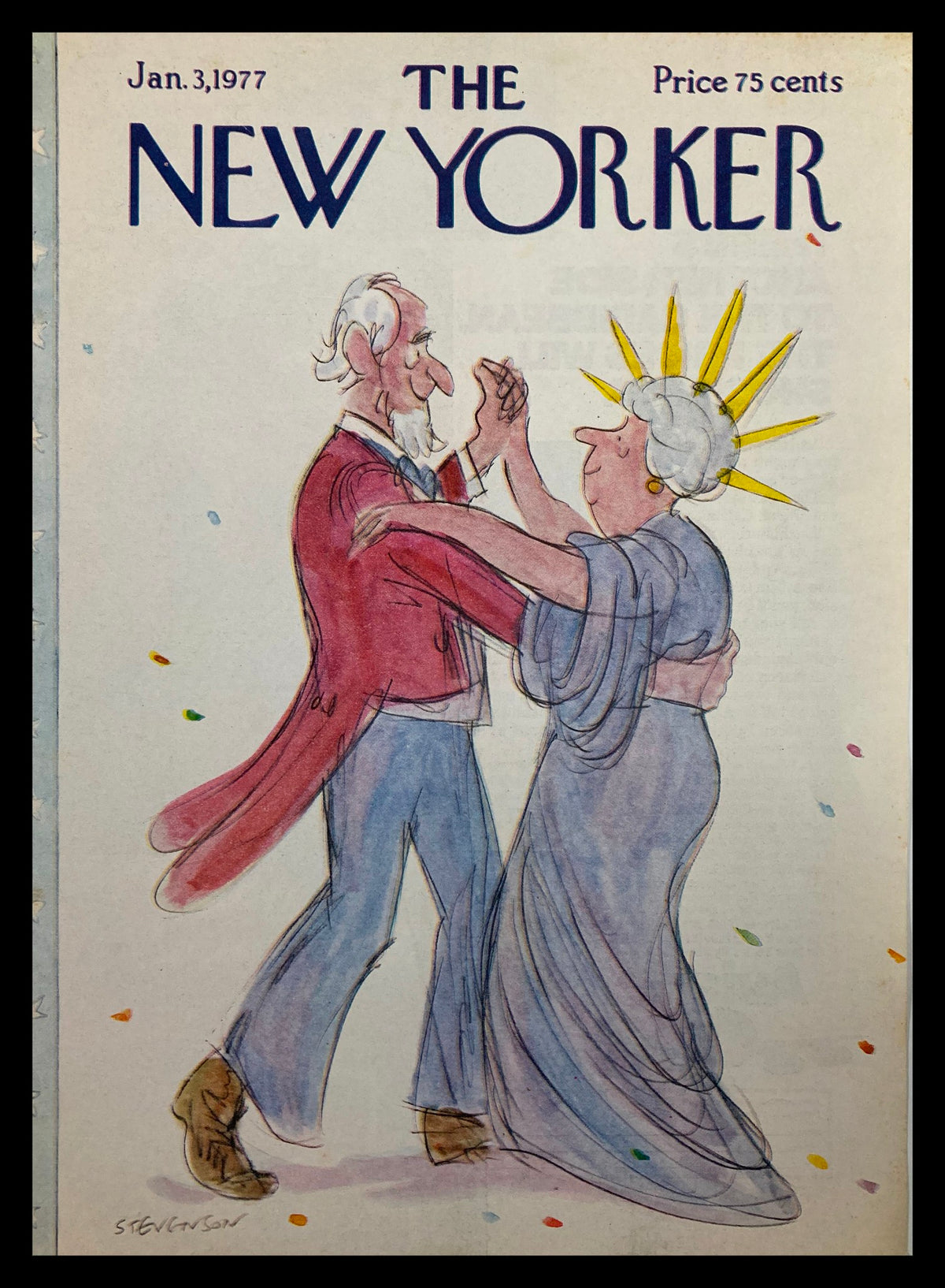 Cover of The New Yorker January 3, 1977, titled 'Sam & Liberty' featuring a whimsical illustration of two characters dancing, capturing a moment of nostalgia.