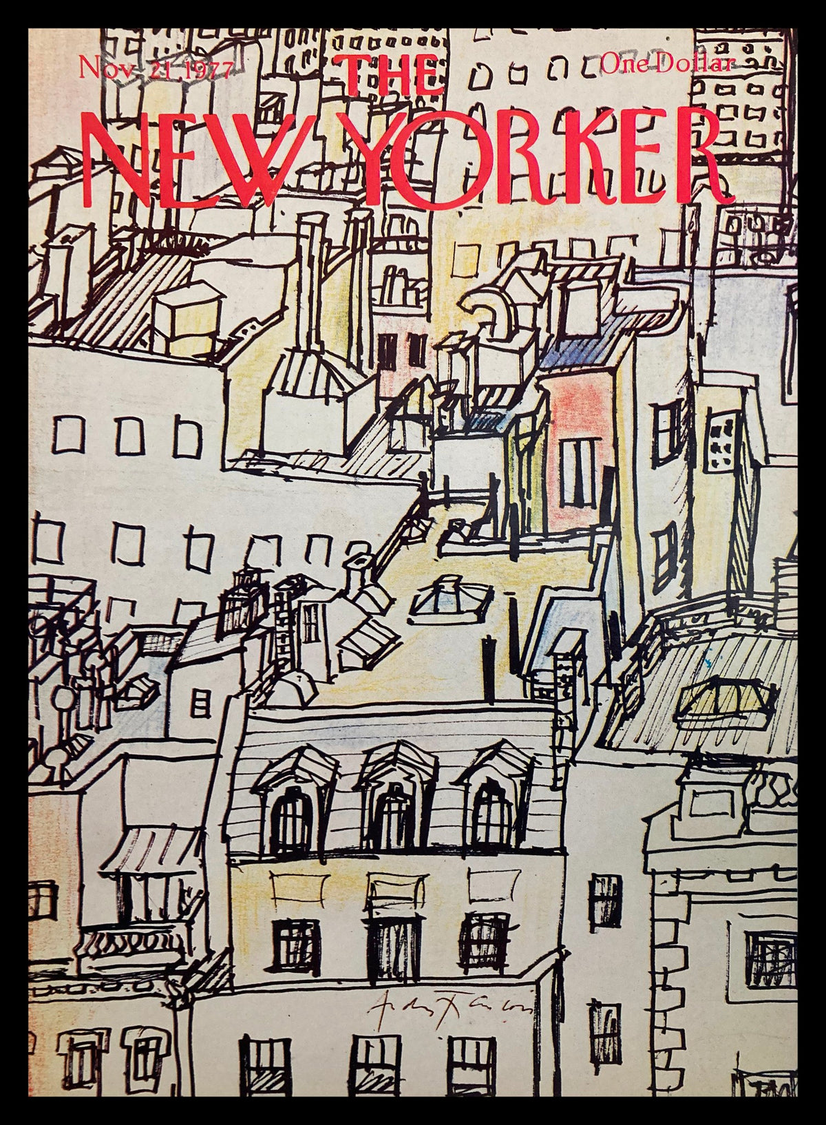 Cover of The New Yorker, November 21, 1977, featuring the artwork 'Rooftops' by Andrei Francois, showcasing a colorful illustration of city rooftops.
