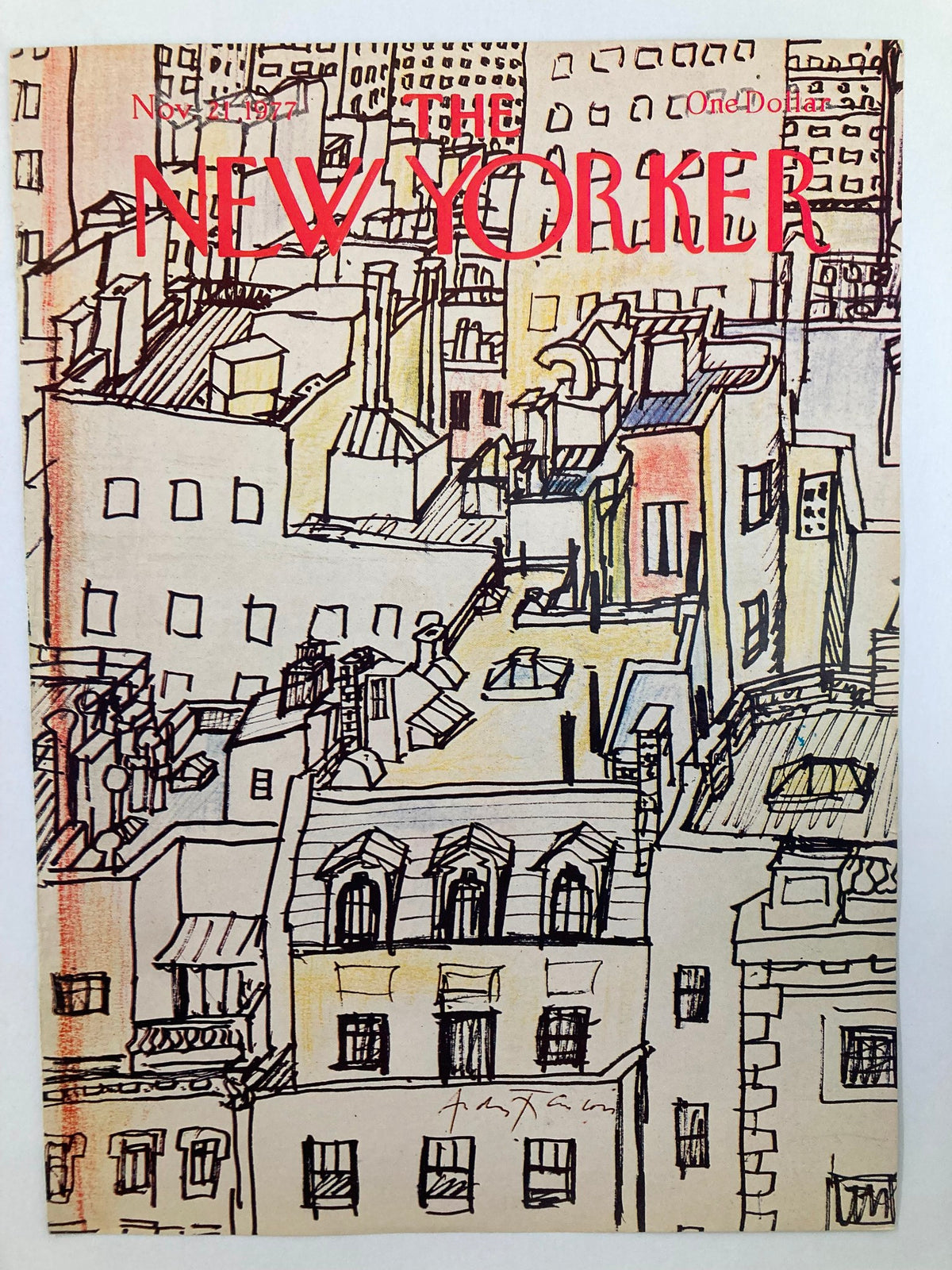 Cover of The New Yorker, November 21, 1977, highlighting the 'Rooftops' art by Andrei Francois with a playful depiction of urban roofs and buildings.