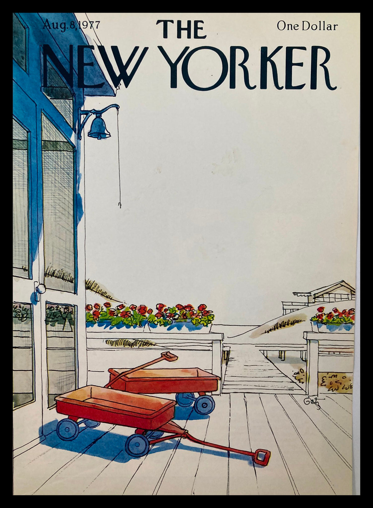 COVER ONLY The New Yorker August 8 1977 featuring a vibrant illustration of red carts by artist Arthur Getz. The cover presents a scenic view with flowers and a building in the background, showcasing classic urban artistry.