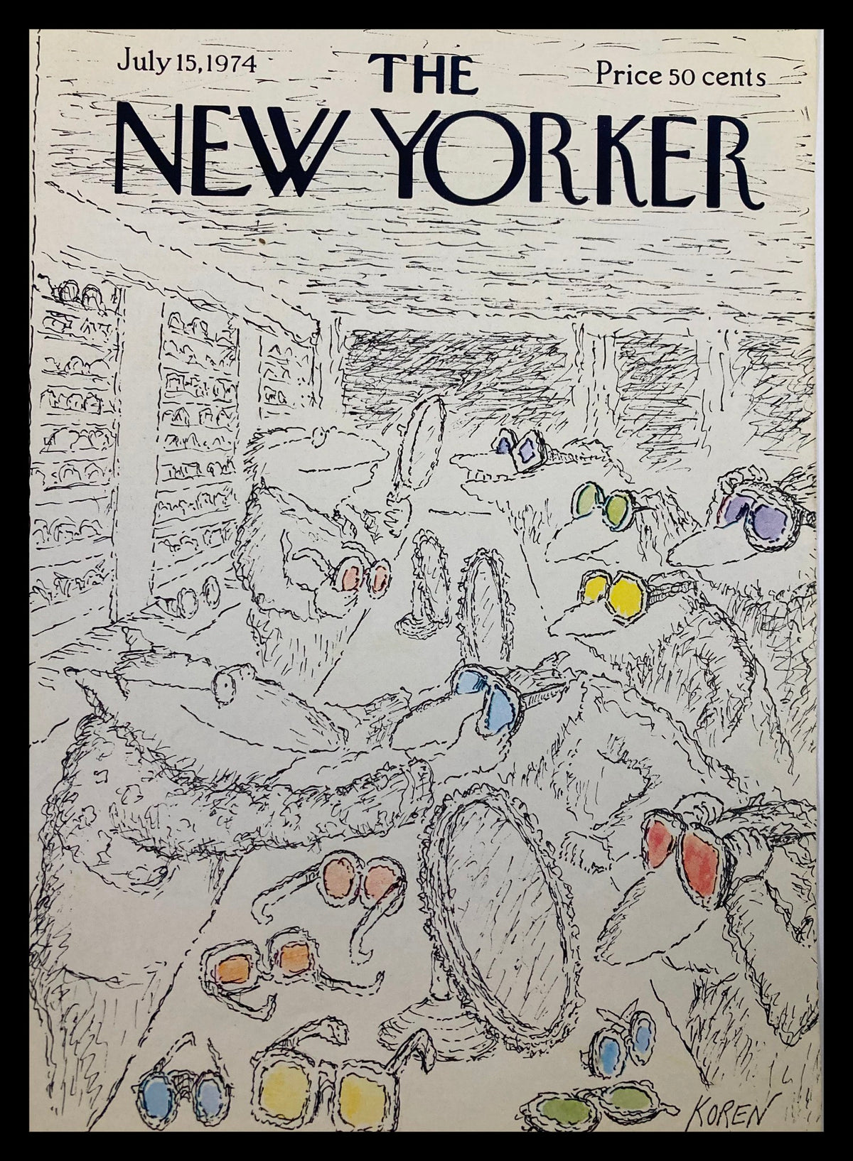 COVER ONLY The New Yorker July 15 1974 illustrated by Edward Koren featuring humorous animal characters trying on colorful sunglasses inside a vintage shop.