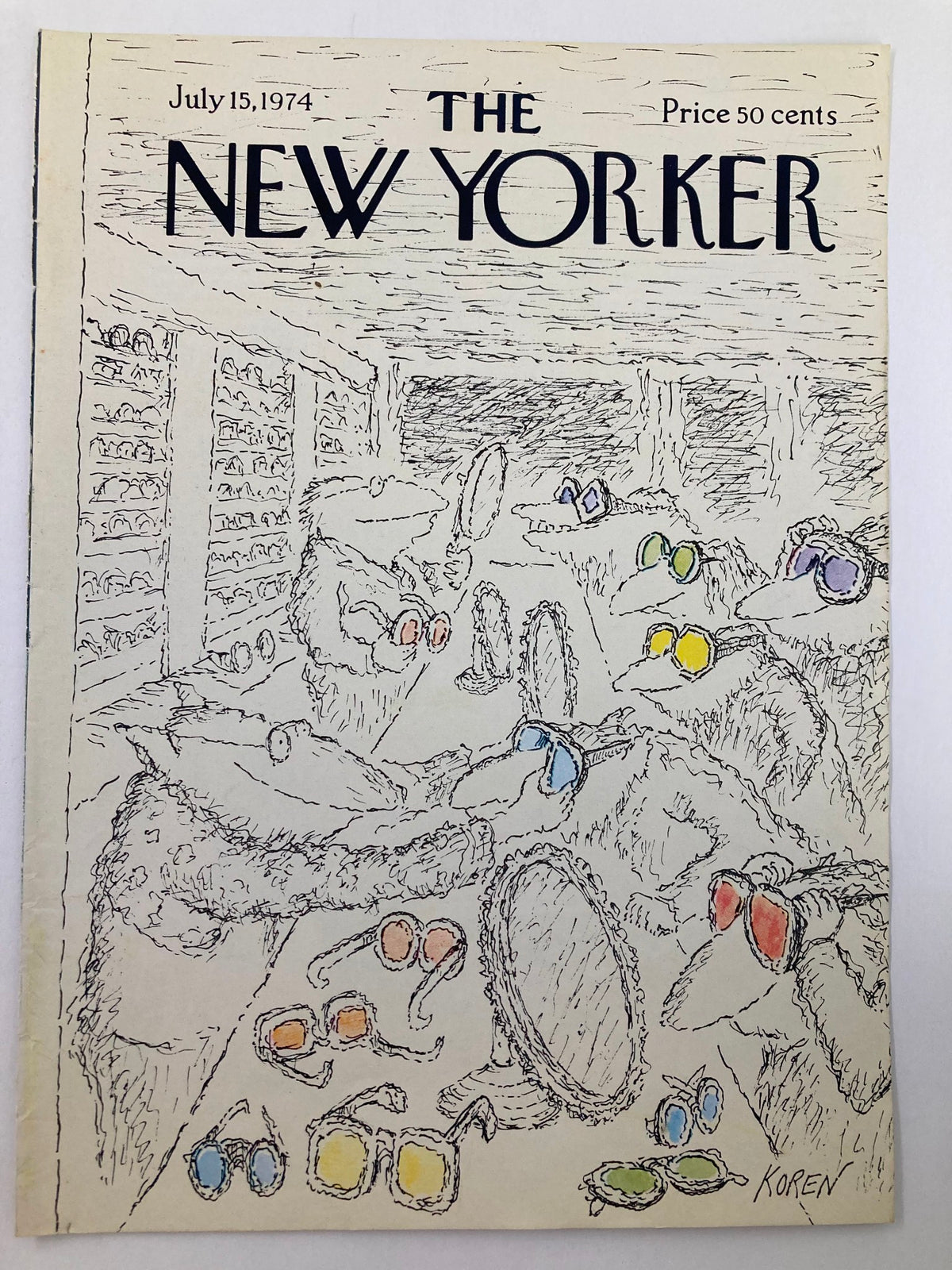 COVER ONLY The New Yorker July 15 1974 illustrated by Edward Koren showing playful animal figures browsing through an array of vibrant sunglasses in a quirky store setting.