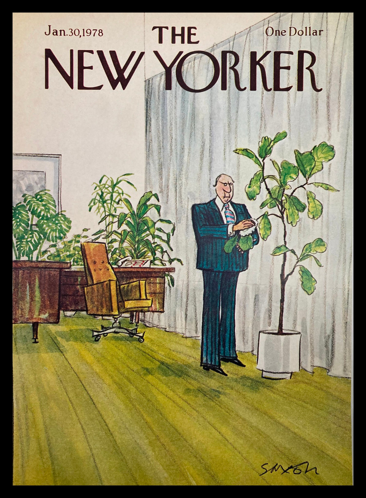 Cover of The New Yorker January 30, 1978, featuring the illustration "Loving Green" by Charles Saxon, depicting a man in a suit caring for a potted plant in an office setting.