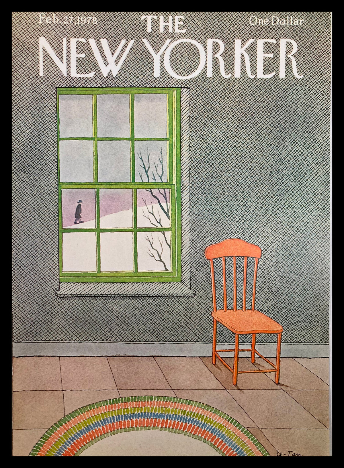 The New Yorker Cover February 27, 1978, featuring artwork titled 'Through the Window' by Le-Tan, depicting a warm interior with a green window and an orange chair, showcasing a winter landscape outside.