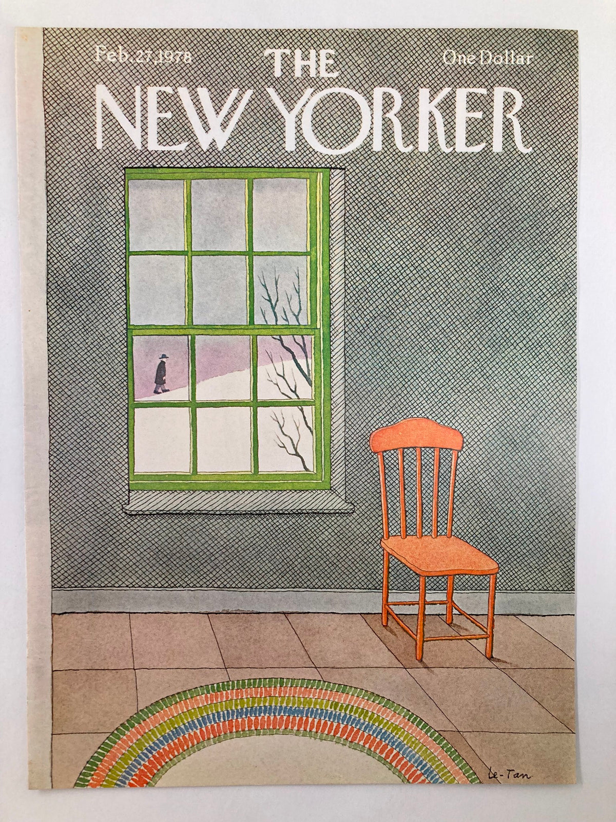Cover of The New Yorker dated February 27, 1978, featuring the artwork 'Through the Window' by Le-Tan, showcasing a room with a green window, an orange chair, and a colorful rug, perfect for art collectors and vintage magazine enthusiasts.