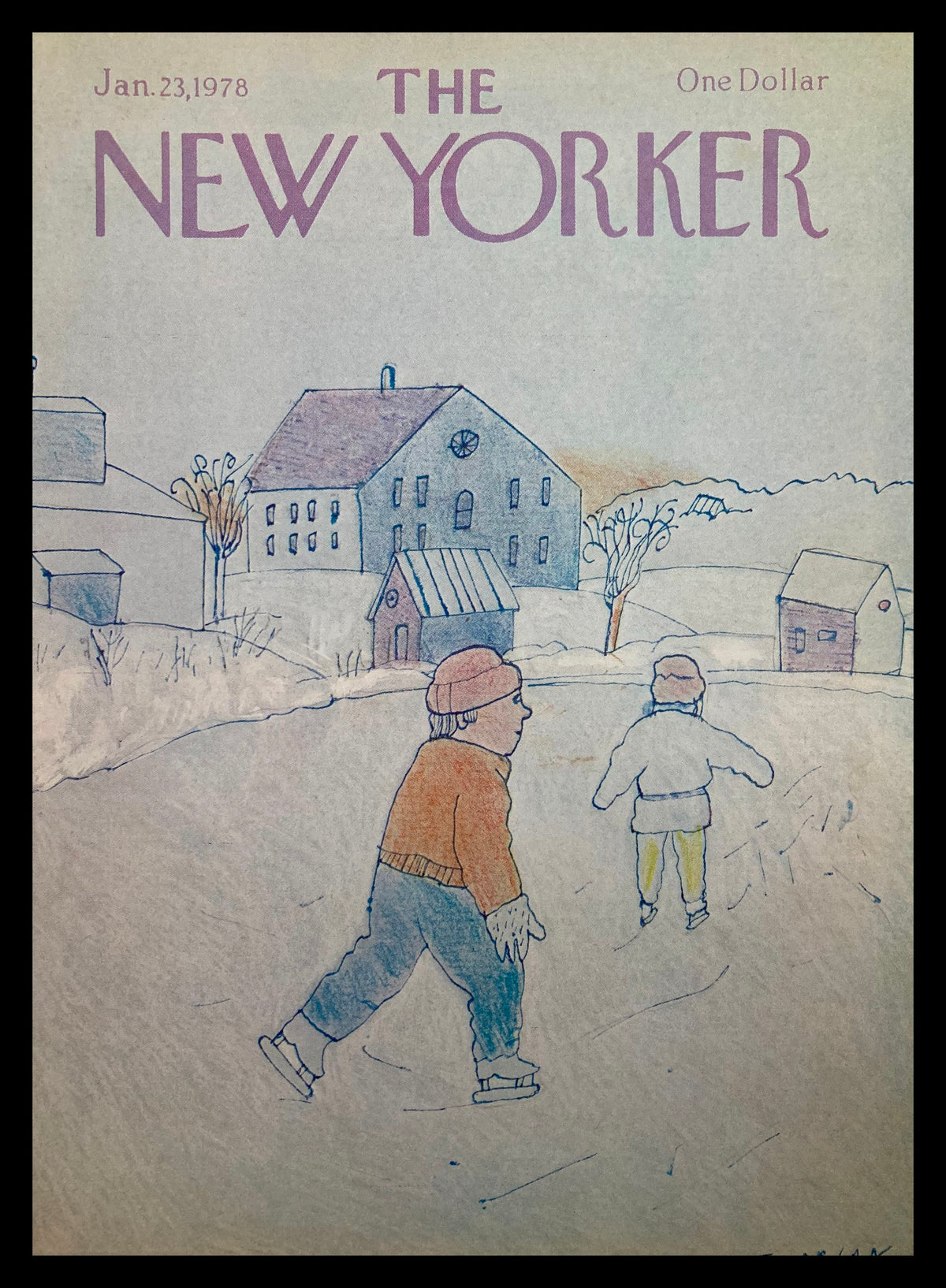 Cover of The New Yorker from January 23, 1978 titled 'Play in the Snow' by Florian, depicting children playing in a snowy landscape with charming pastel colors and detailed illustrations of buildings.