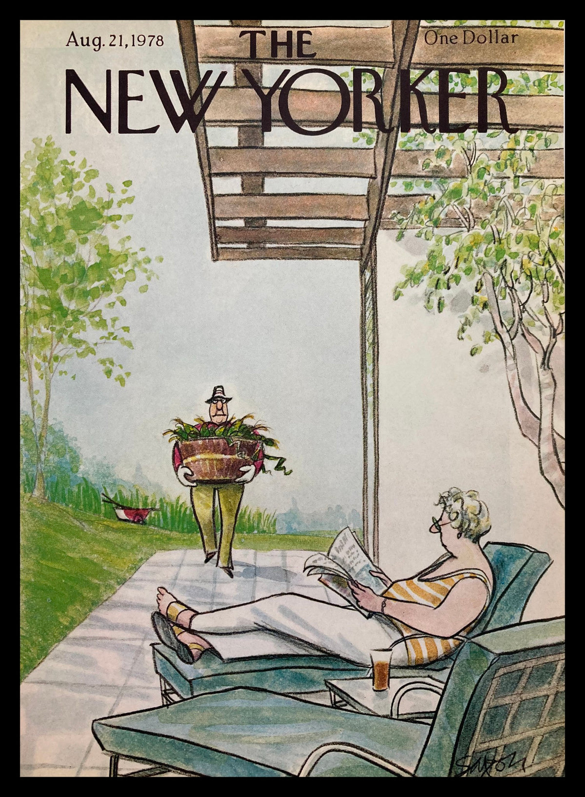 The New Yorker August 21 1978 cover featuring a serene outdoor scene with a woman reading, dressed in casual attire, while a man carries a basket of plants towards her, illustrated by Charles Saxon.