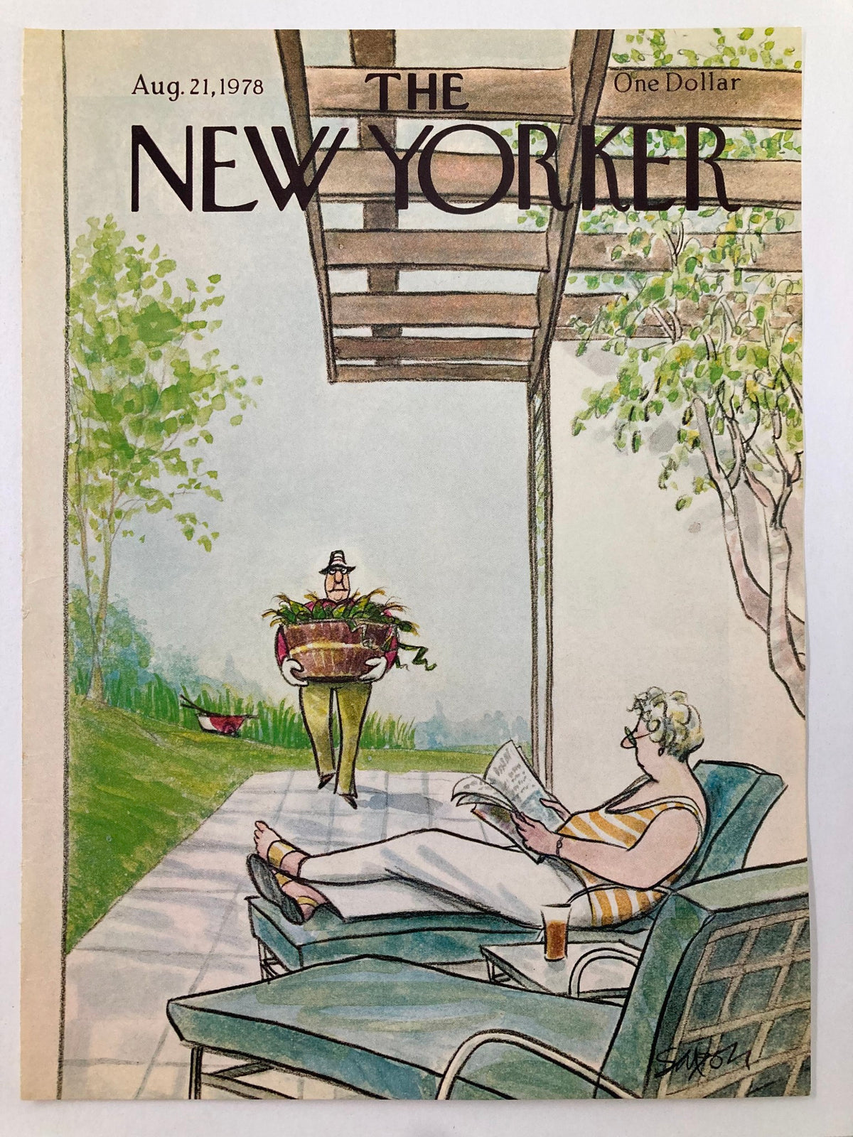 The New Yorker August 21 1978 cover showcasing a relaxing summer afternoon with a woman lounging and reading, as a man approaches with a basket of plants, designed by Charles Saxon.