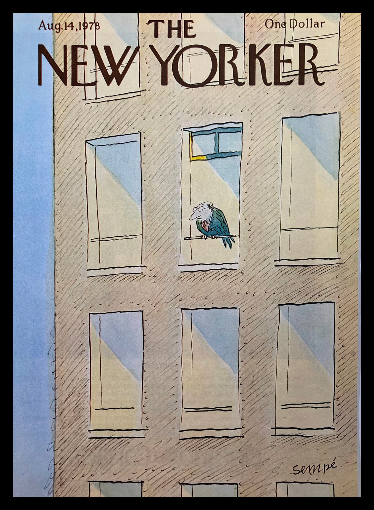 Cover of The New Yorker, August 14, 1978 featuring a whimsical birdhouse illustration by J. J. Sempe, displayed on a building background.