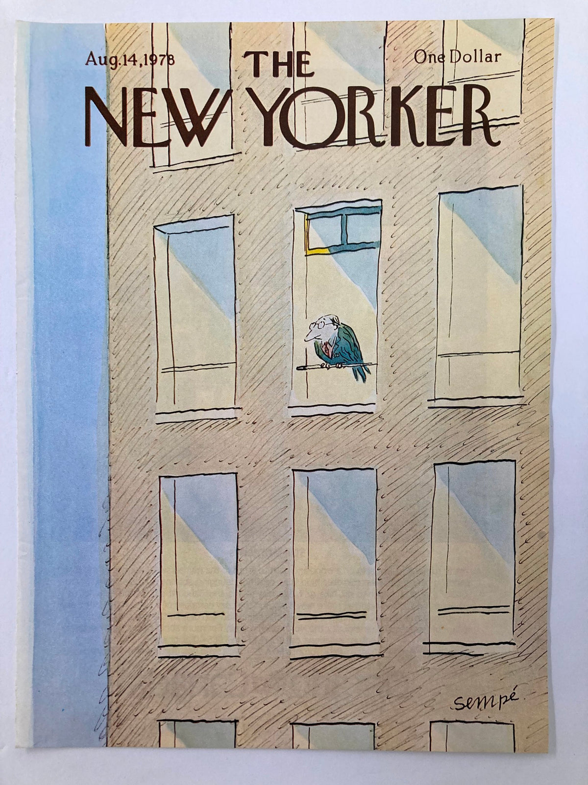 Cover of The New Yorker, August 14, 1978 showcasing the charming birdhouse artwork by J. J. Sempe against a blue sky and building backdrop.