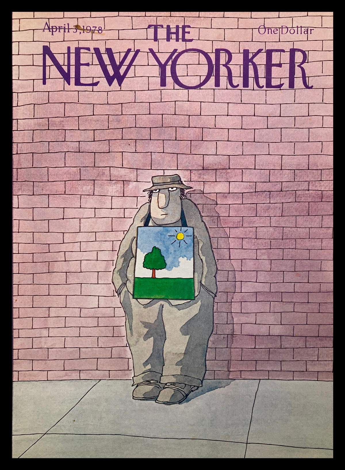 The New Yorker April 3 1978 cover art featuring a whimsical illustration by Ziegler, depicting a man standing against a pink brick wall, holding a painting of a green tree and a sunny sky.