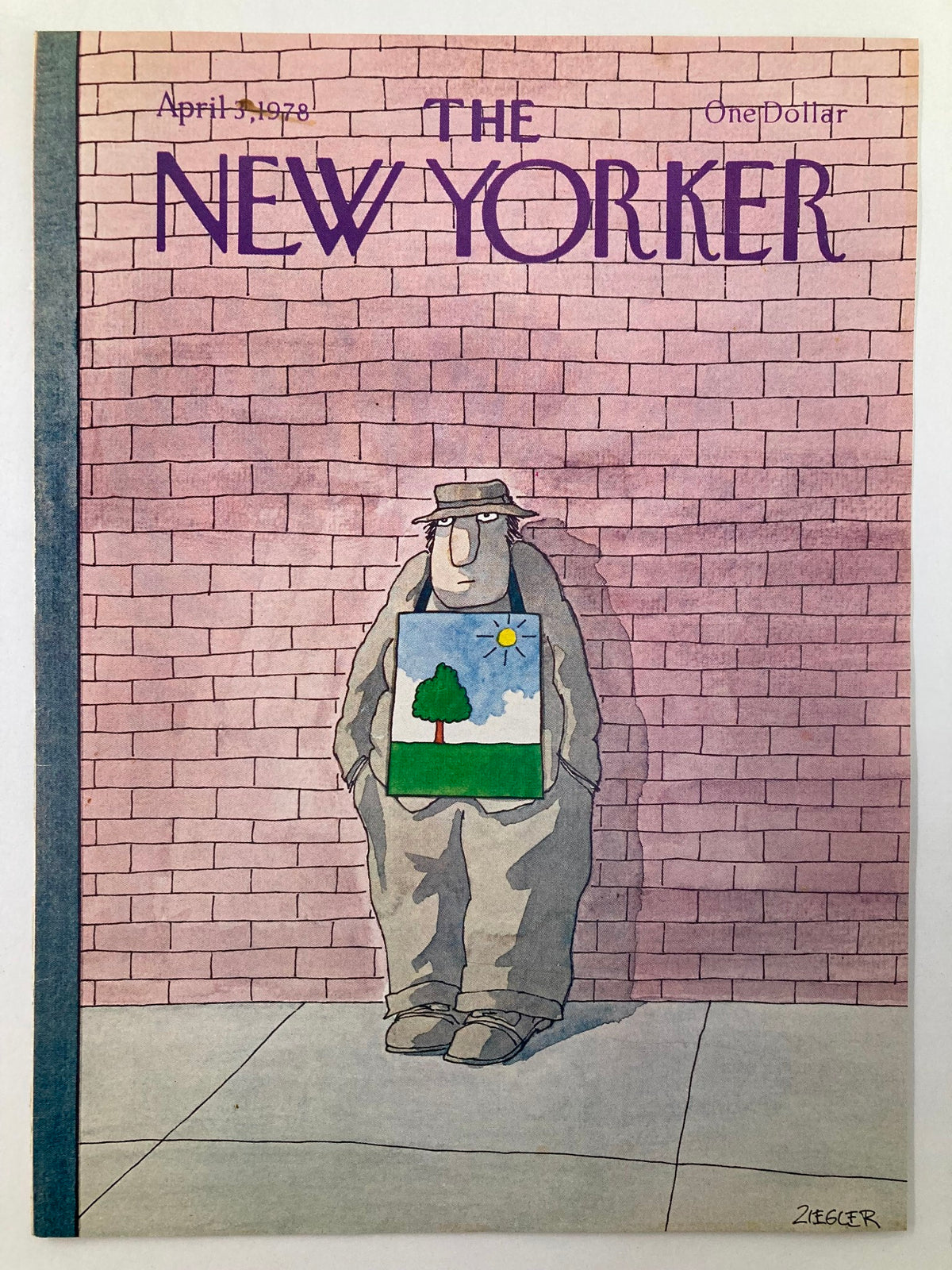 The New Yorker April 3 1978 cover art showcasing a humorous illustration by Ziegler, featuring a character in a hat against a pink wall, grasping a picture of nature with a tree and sun.