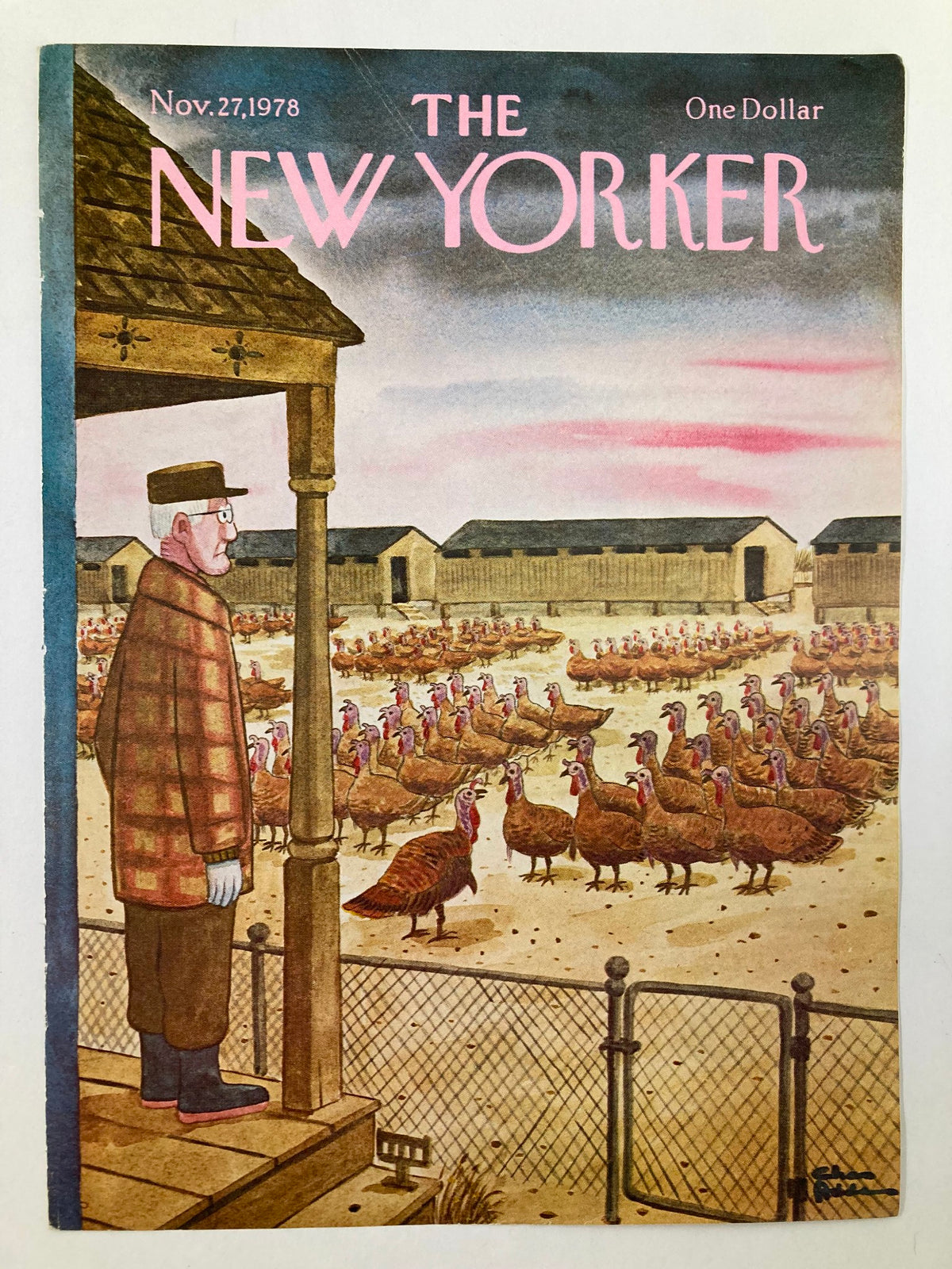 COVER ONLY The New Yorker November 27 1978 Turkey Farm by Chas Addams, featuring a whimsical illustration of a farmer overlooking a large flock of turkeys on a farm.