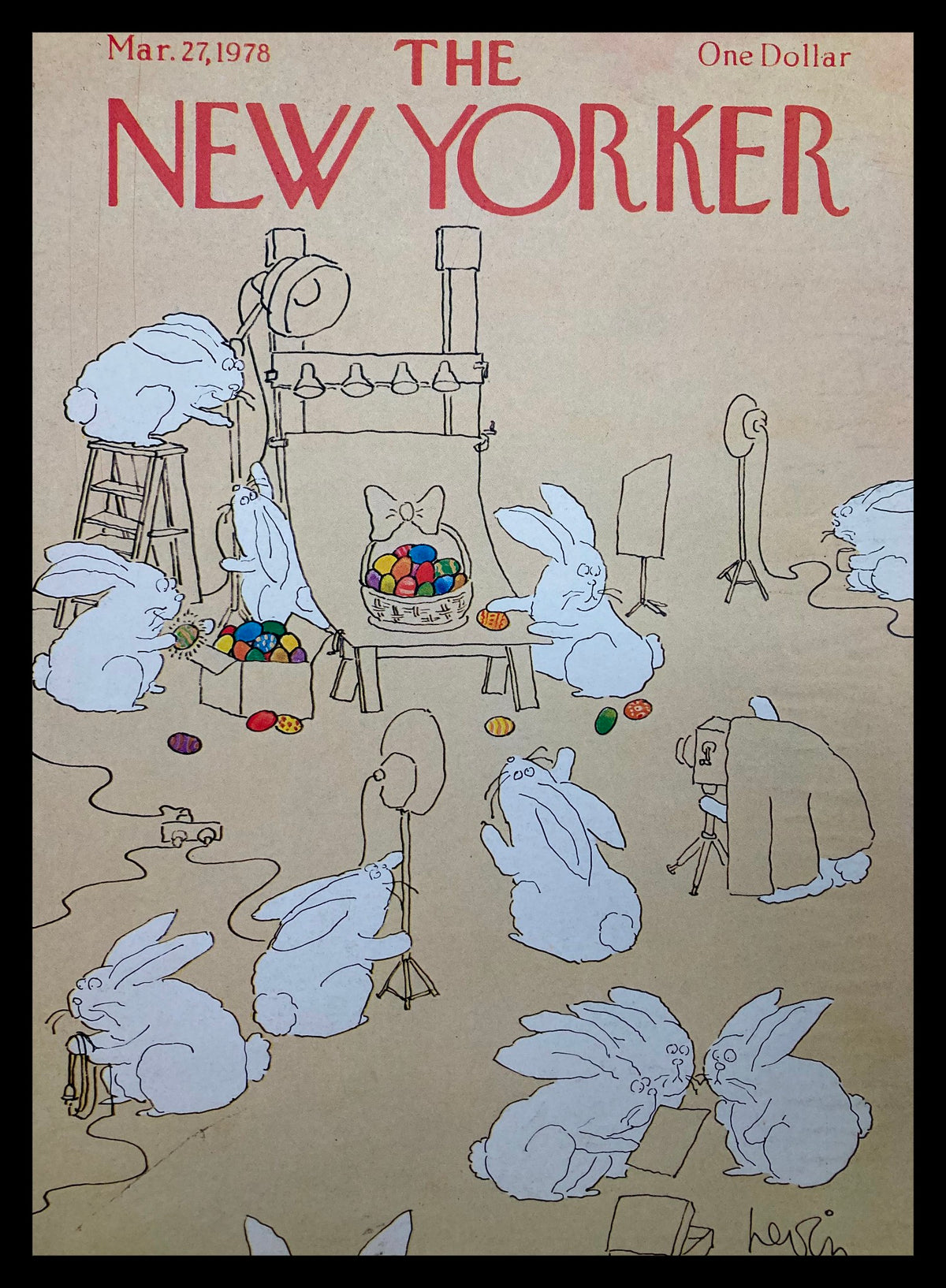 Cover of The New Yorker March 27, 1978 featuring whimsical Easter Bunnies by Heidi Goennel, showcasing a vintage illustration with playful bunnies around a colorful egg basket.