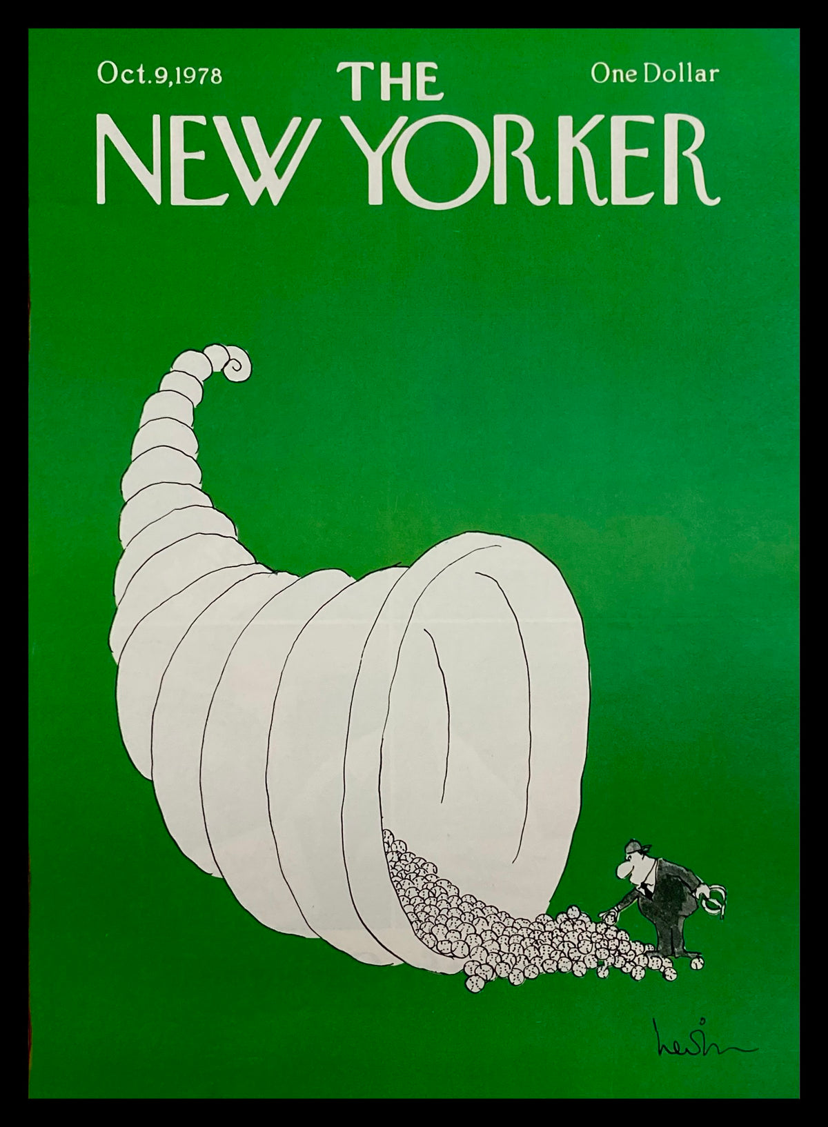 The New Yorker Cover October 9 1978 featuring a whimsical illustration of a shell horn spilling balls. Designed by Heidi Goennel, this vibrant magazine cover captures the essence of fall.