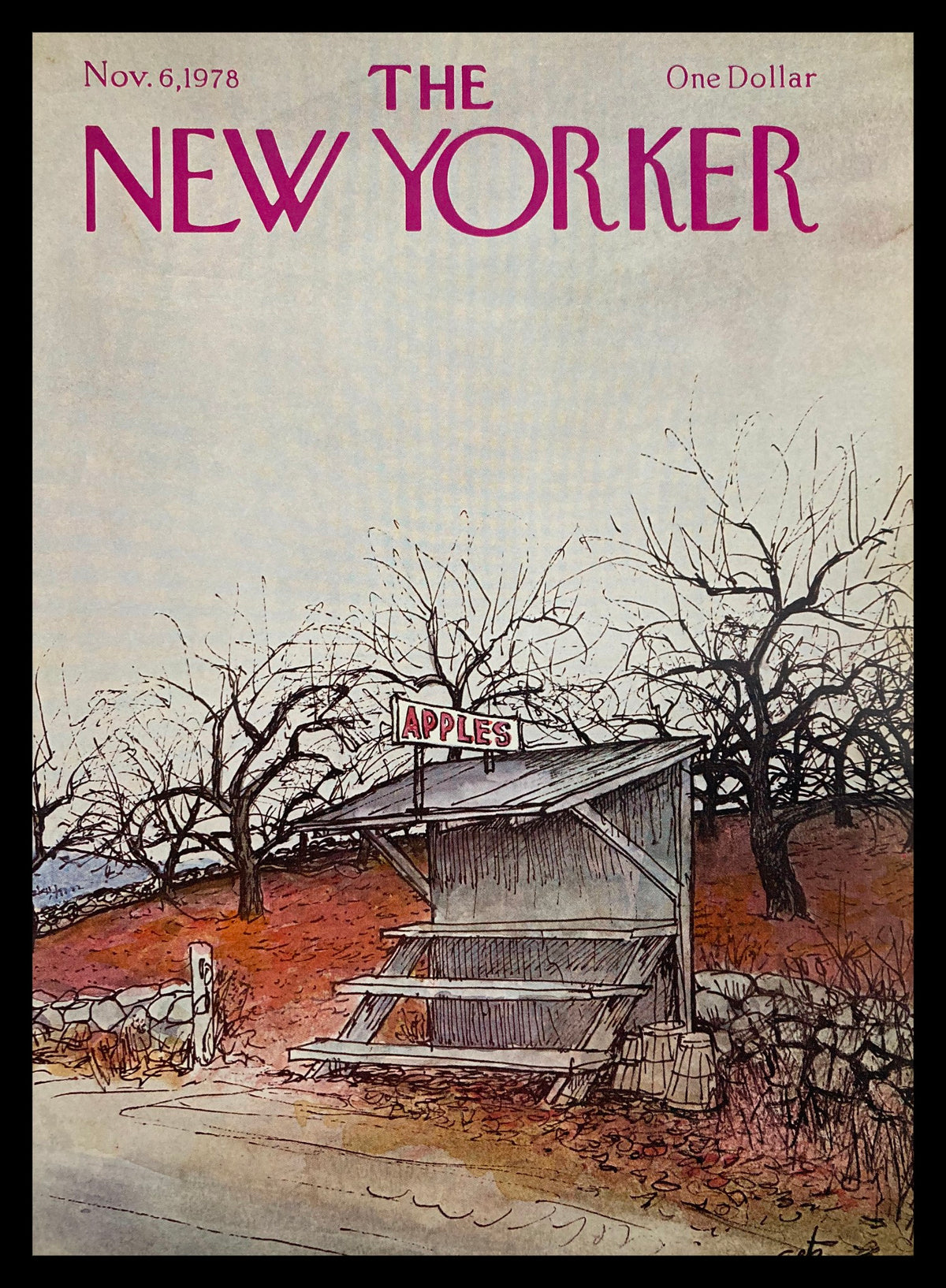 Cover only The New Yorker November 6 1978 featuring the whimsical illustration of an apples stand by Arthur Getz, showcasing a vintage appeal with muted colors and autumn scenery.