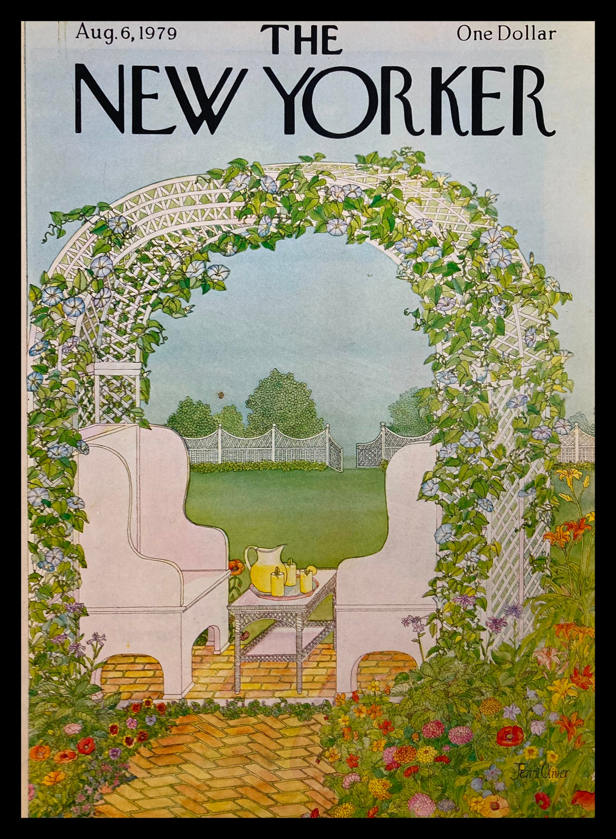 Cover of The New Yorker dated August 6, 1979, featuring a charming garden view illustration by Jenni Oliver, showcasing patio chairs, a table with yellow pitchers, and lush greenery.