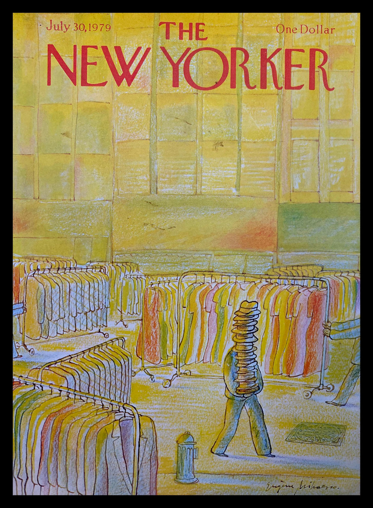 Cover of The New Yorker July 30, 1979 titled 'Hat for Sale' by Eugene Mihaesco, featuring a colorful illustration of a bustling clothing display with hanging garments.