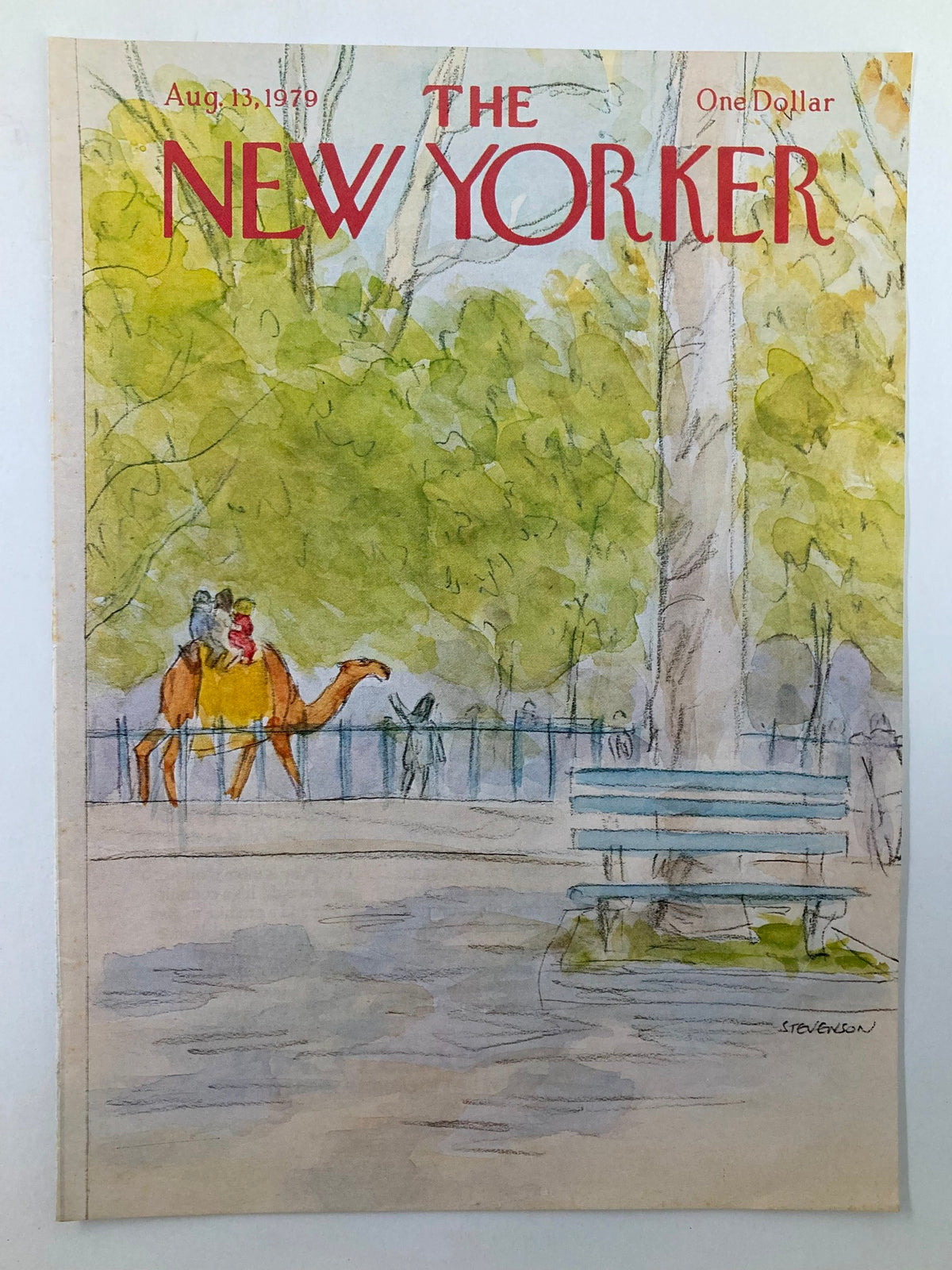 COVER ONLY The New Yorker August 13 1979 Camel Ride by James Stevenson, showcasing a charming magazine cover illustration of a camel ride with a vibrant park background and a bench.