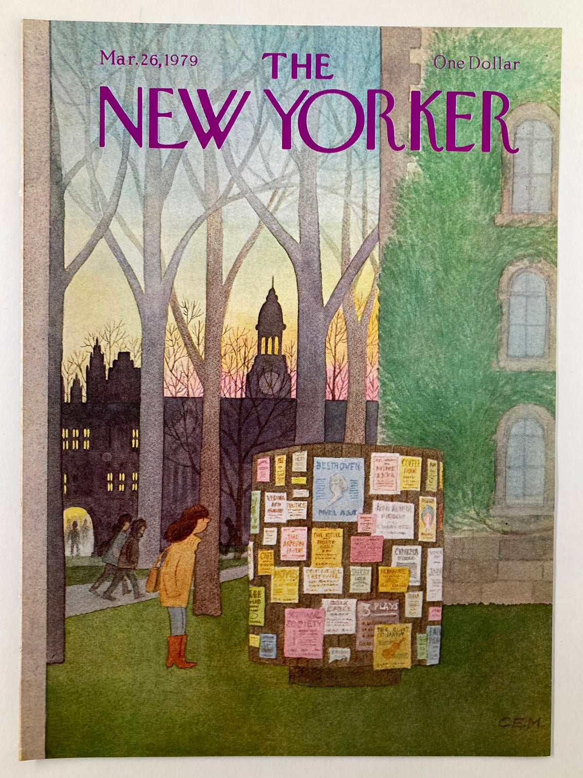 Cover of The New Yorker, March 26, 1979, displaying an illustration of a woman in a park looking at colorful flyers on a bulletin board, created by Charles E. Martin.