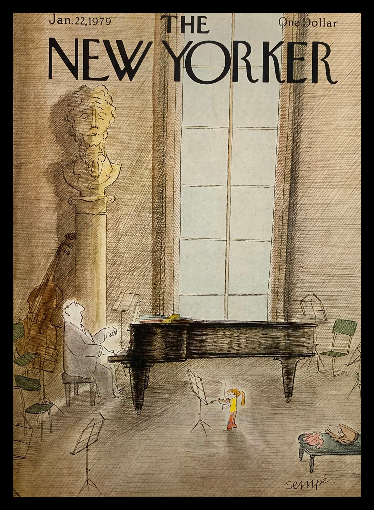 Cover of The New Yorker magazine dated January 22, 1979, featuring an illustration titled 'Music Lesson' by J. J. Sempé, depicting a pianist at a grand piano with a young girl holding a music sheet.