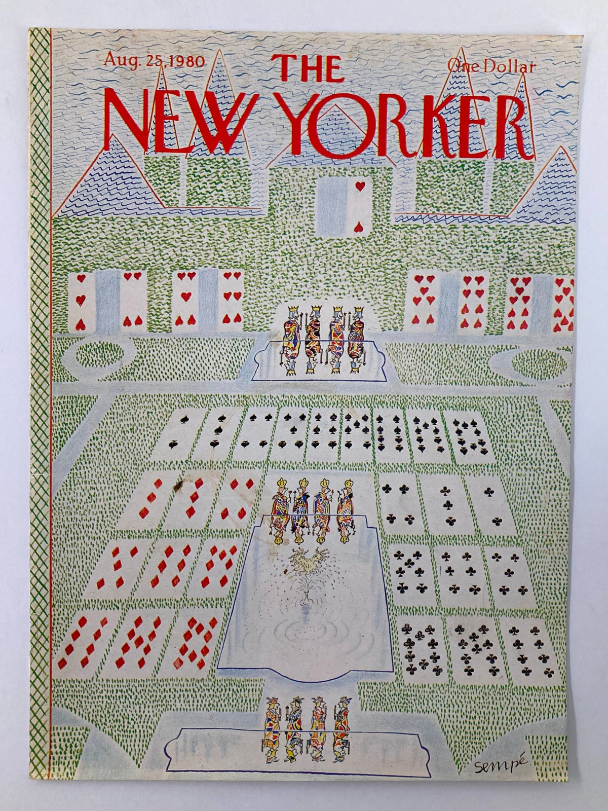 Cover of The New Yorker August 25, 1980 titled 'Royal Flush' by J. J. Sempé, showcasing vibrant illustrations of card symbols and characters in a playful landscape.